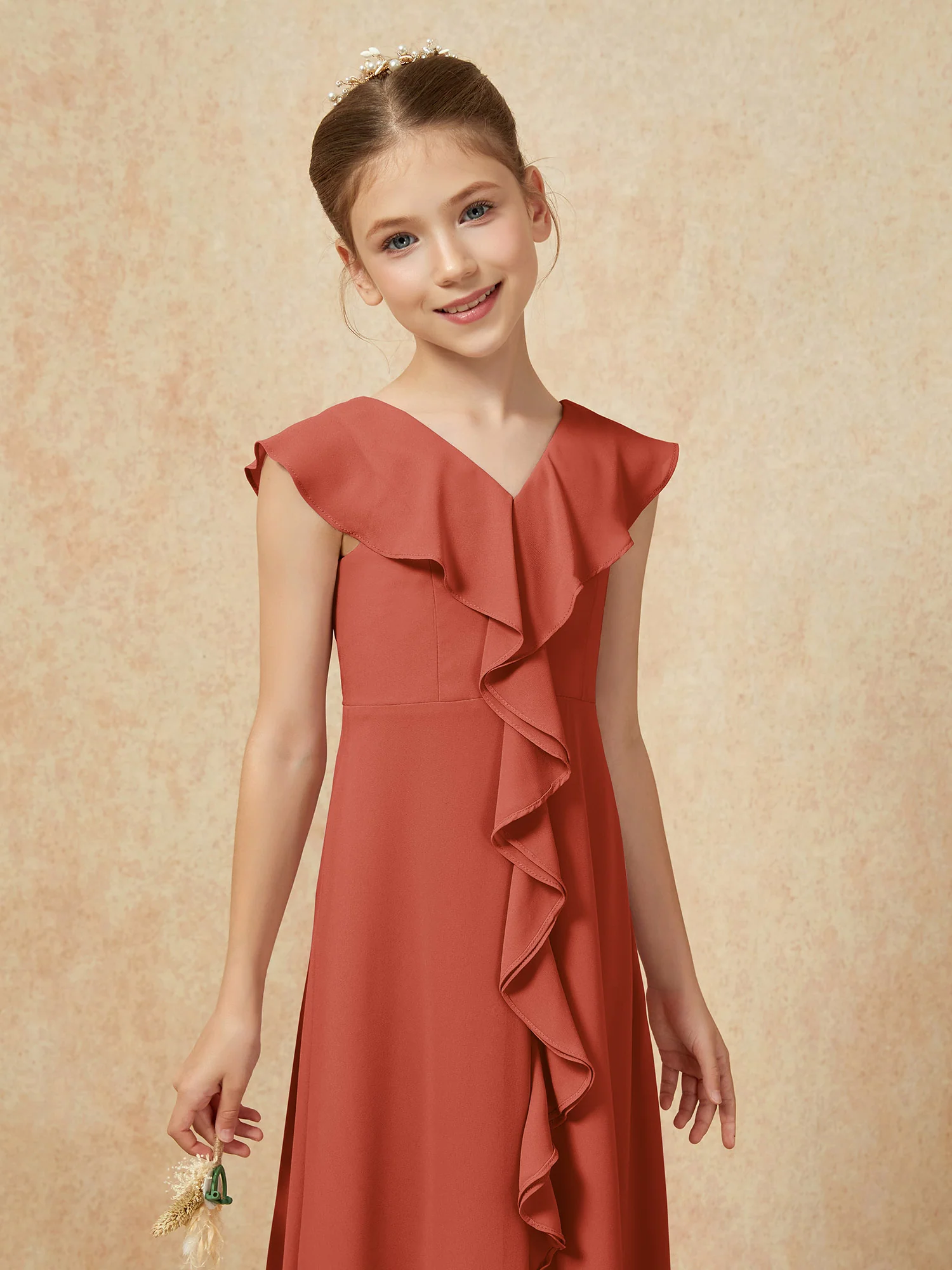 V-neck Ruffle Chiffon Junior Bridesmaid Dresses With Slit Rust - Image 6