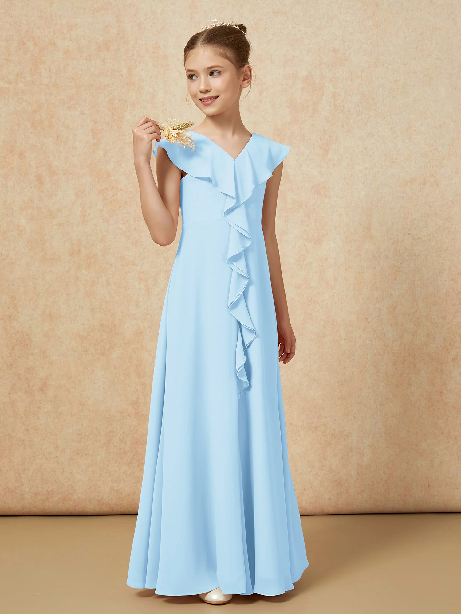 V-neck Ruffle Chiffon Junior Bridesmaid Dresses With Slit Sky Blue - Image 4