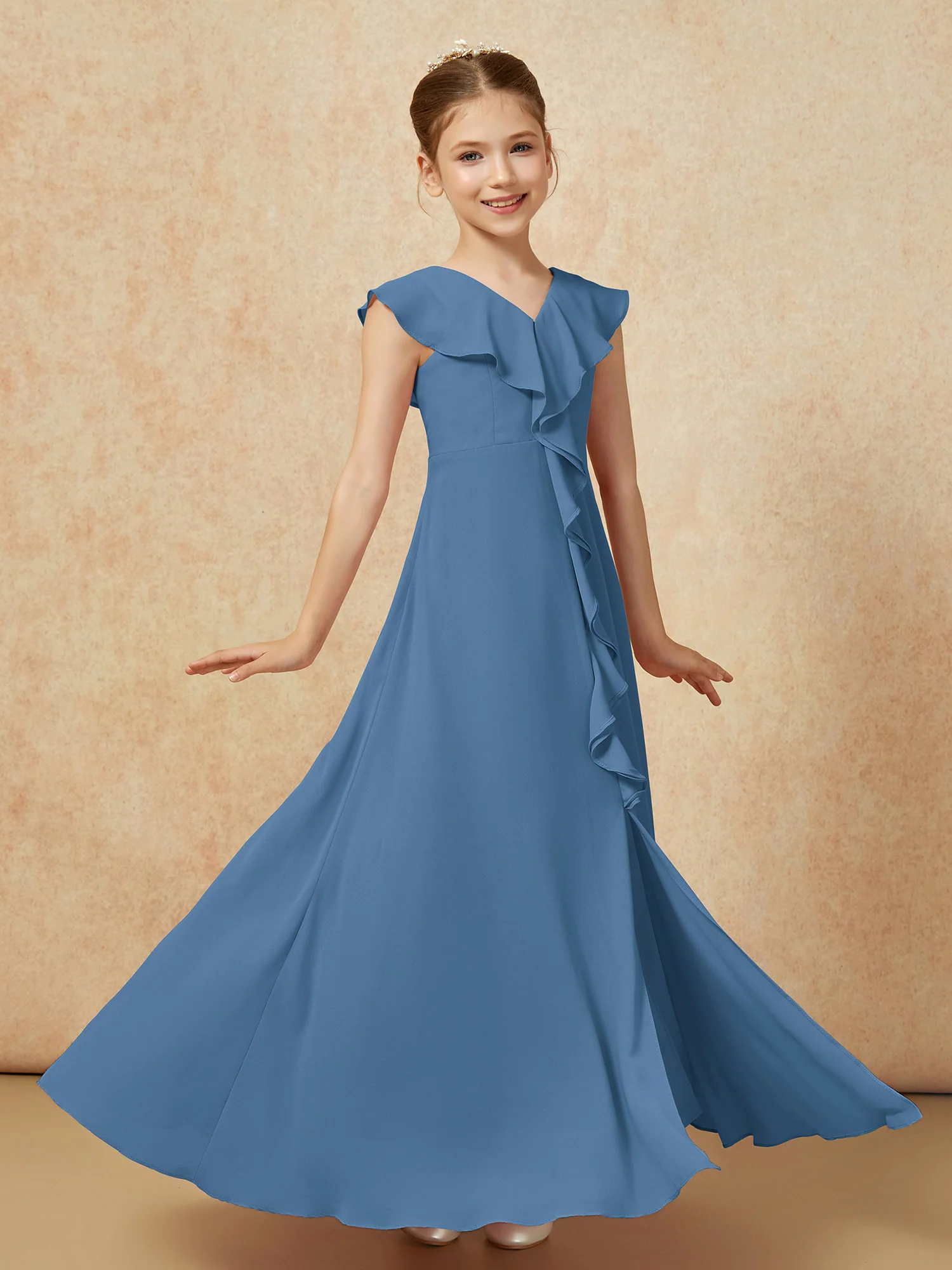 V-neck Ruffle Chiffon Junior Bridesmaid Dresses With Slit Slate Blue - Image 3