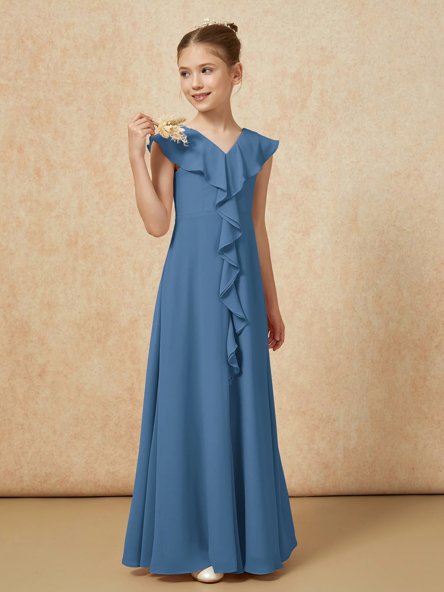 V-neck Ruffle Chiffon Junior Bridesmaid Dresses With Slit Slate Blue - Image 4