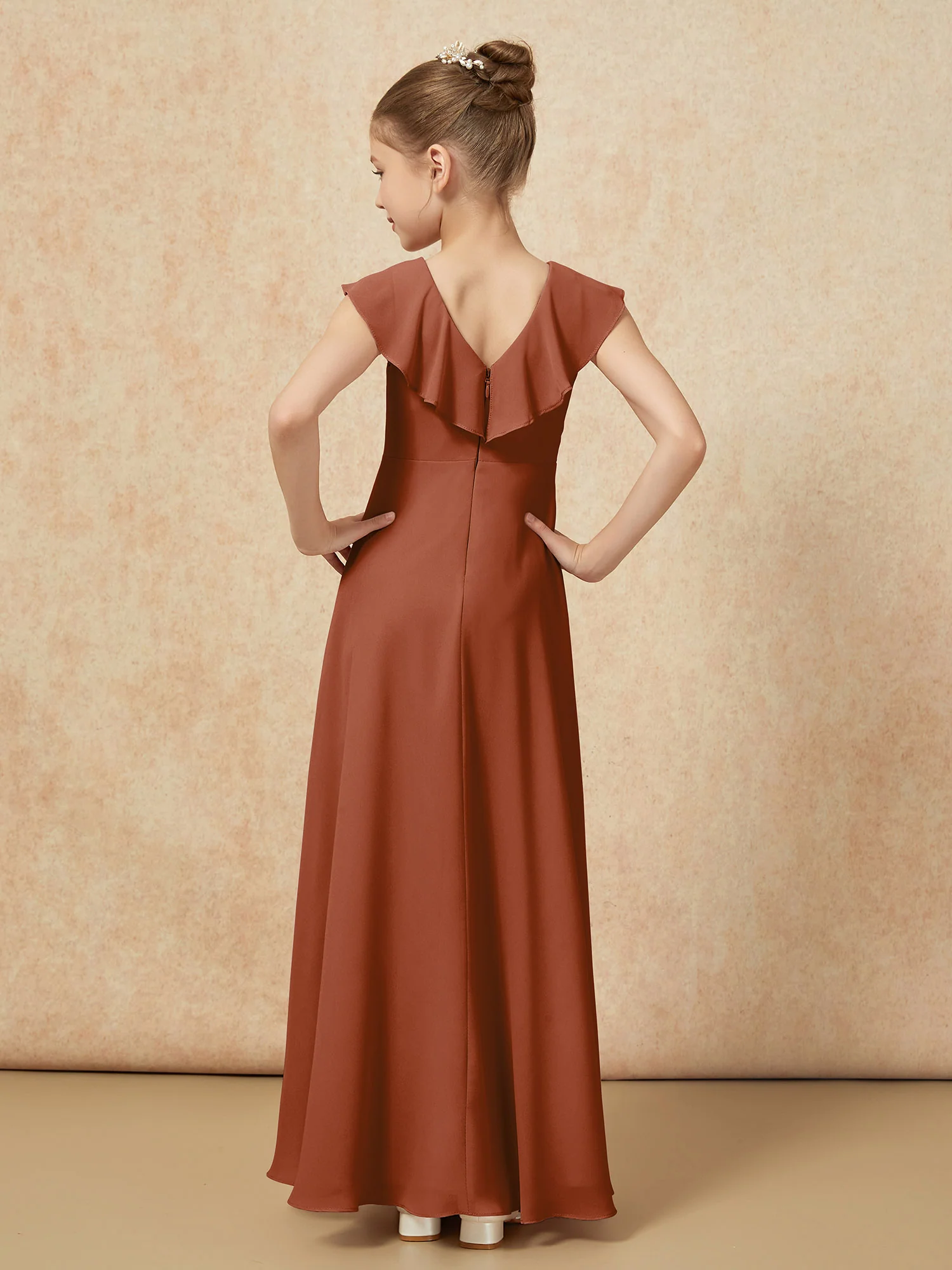 V-neck Ruffle Chiffon Junior Bridesmaid Dresses With Slit Terracotta - Image 2