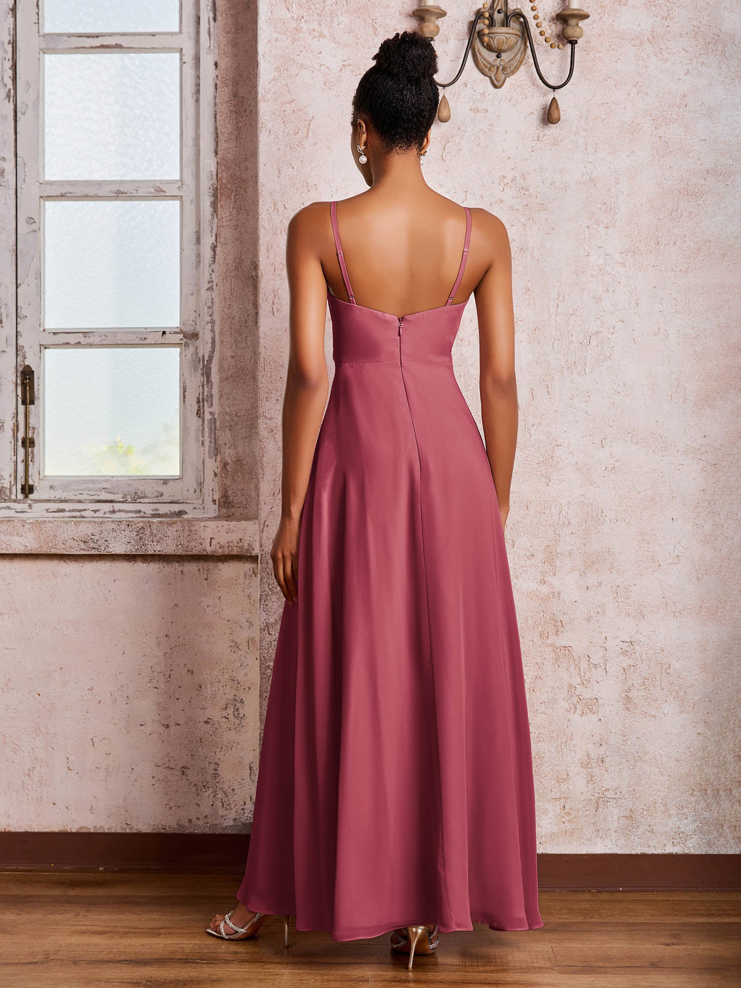 V-neck Ruffle Slit Chiffon Dresses with Cascade Skirt Cinnamon Rose - Image 2