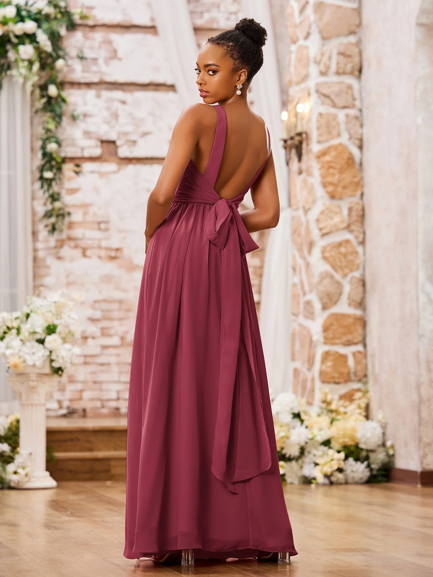 V-neck Shoulder Straps Pleated Maxi Chiffon Dresses Cinnamon Rose - Image 2