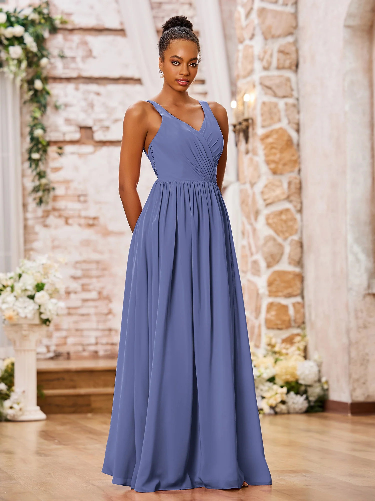 V-neck Shoulder Straps Pleated Maxi Chiffon Dresses Periwinkle - Image 3