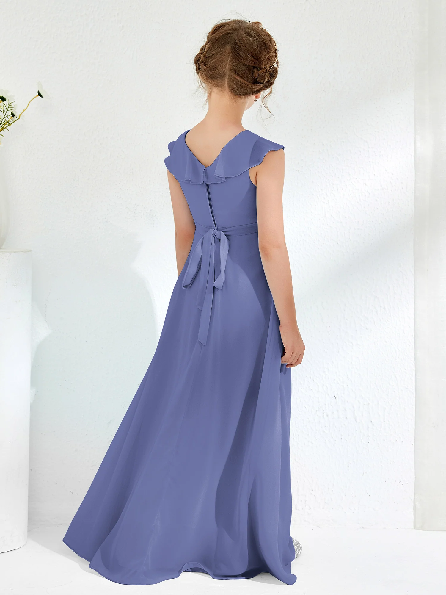 V-neck Sleeveless Junior Bridesmaid Dress With Ruffle Periwinkle - Image 2