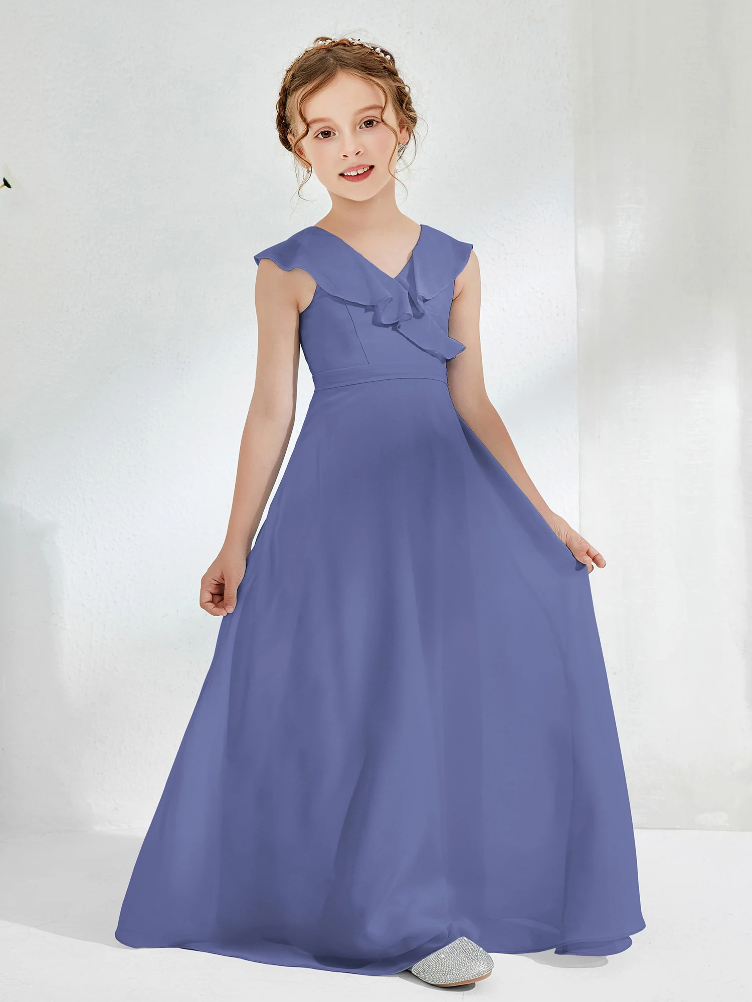 V-neck Sleeveless Junior Bridesmaid Dress With Ruffle Periwinkle - Image 3