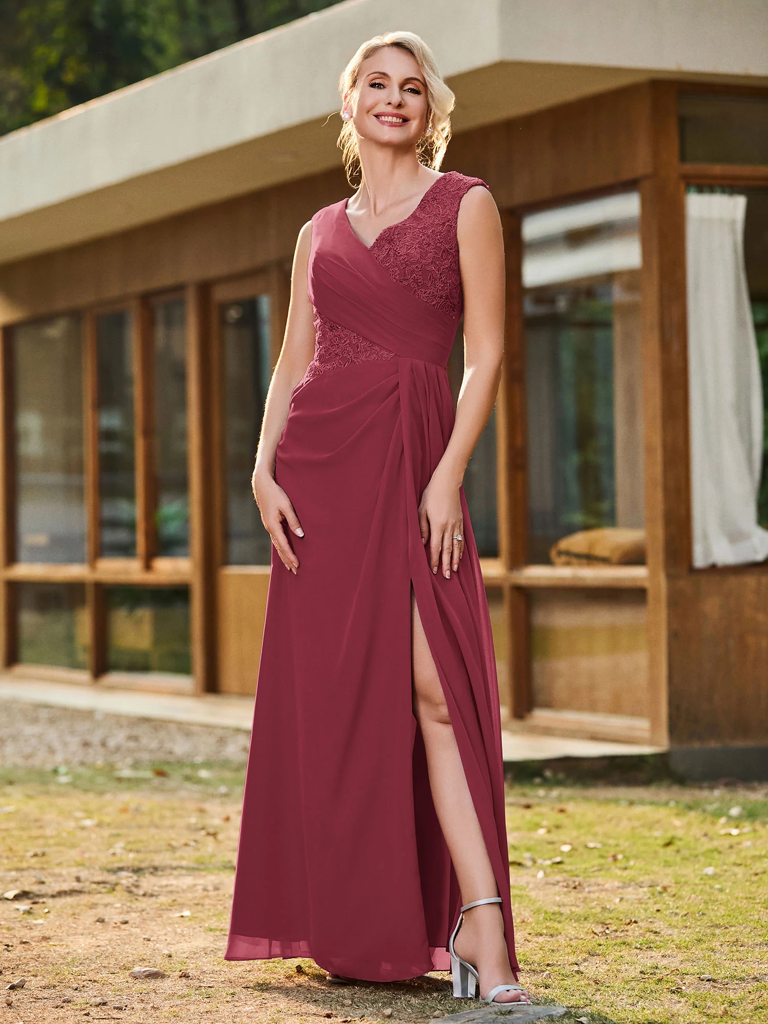 V-neck Sleeveless Lace Pleated Long Gown with Slit Cinnamon Rose