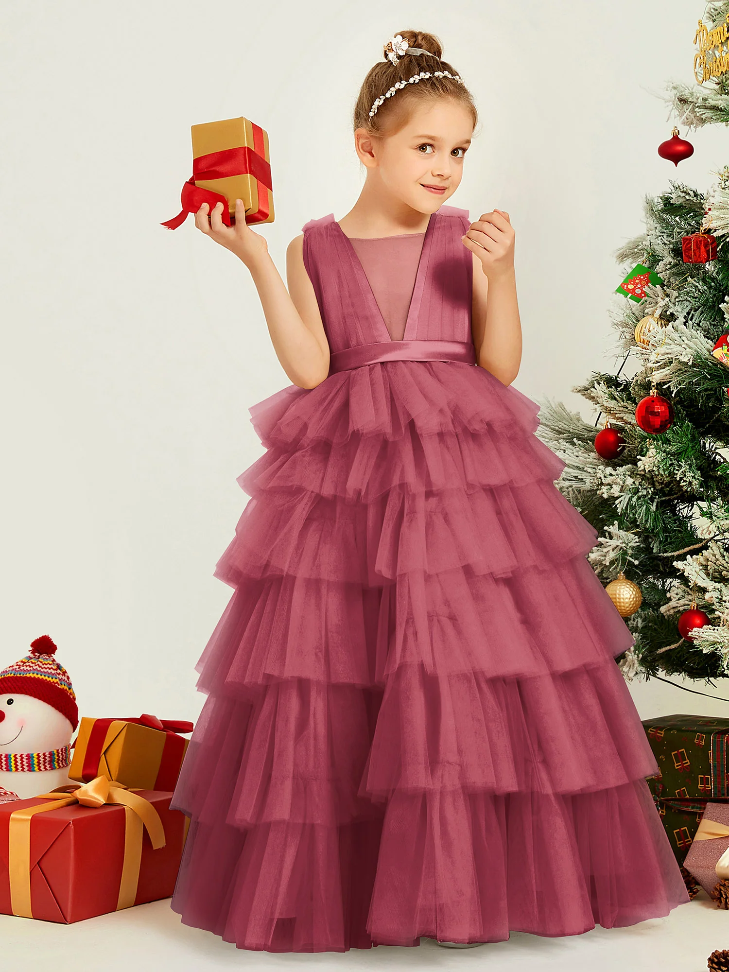 V-neck Sleeveless Tiered Tulle Flower Girl Ball Gown Cinnamon Rose