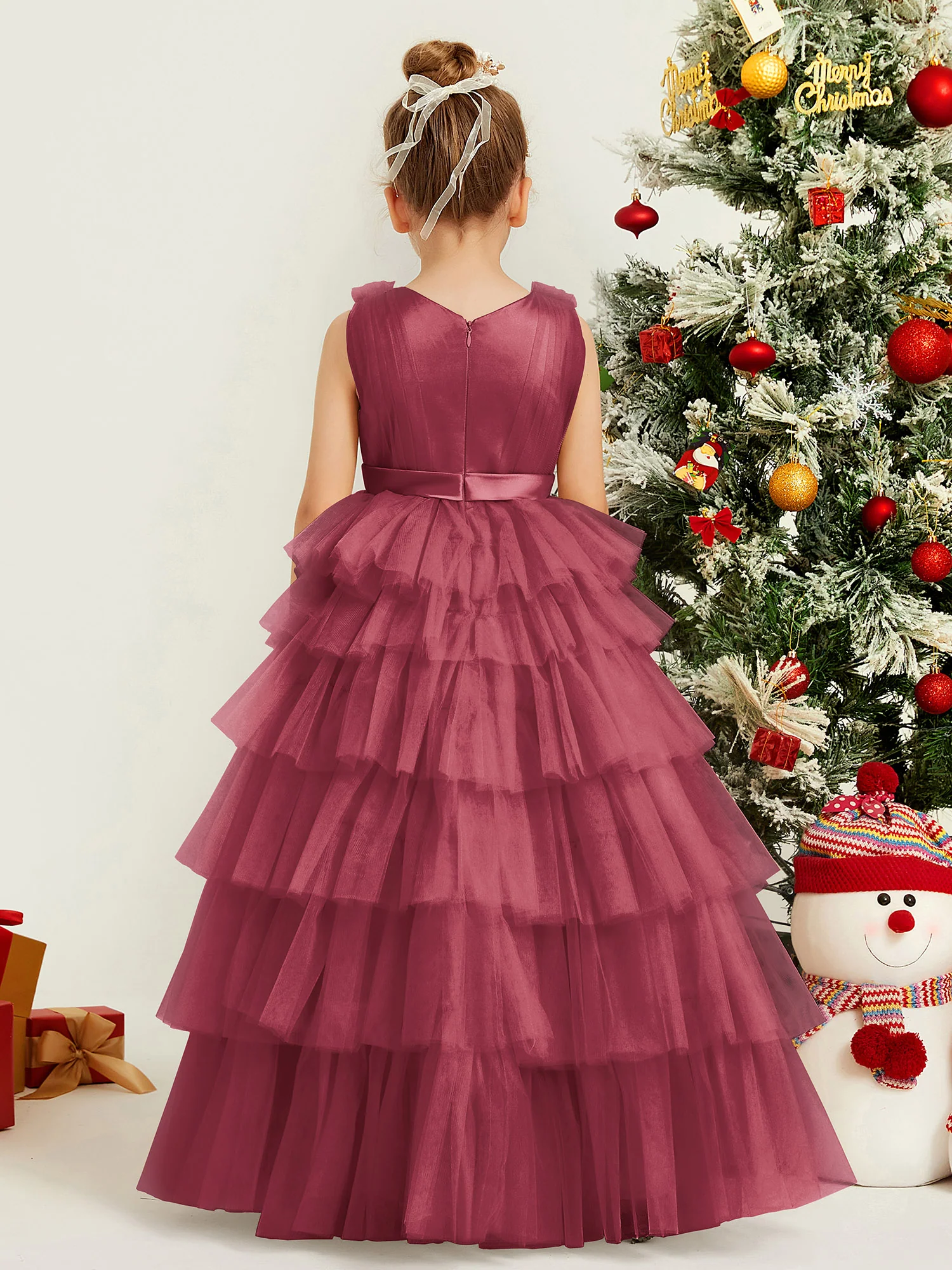 V-neck Sleeveless Tiered Tulle Flower Girl Ball Gown Cinnamon Rose - Image 2