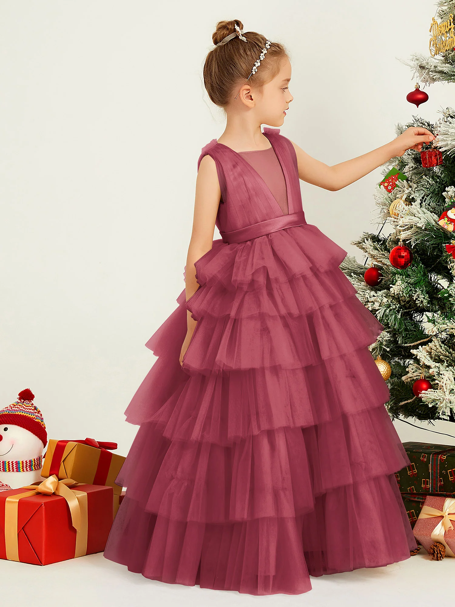 V-neck Sleeveless Tiered Tulle Flower Girl Ball Gown Cinnamon Rose - Image 3