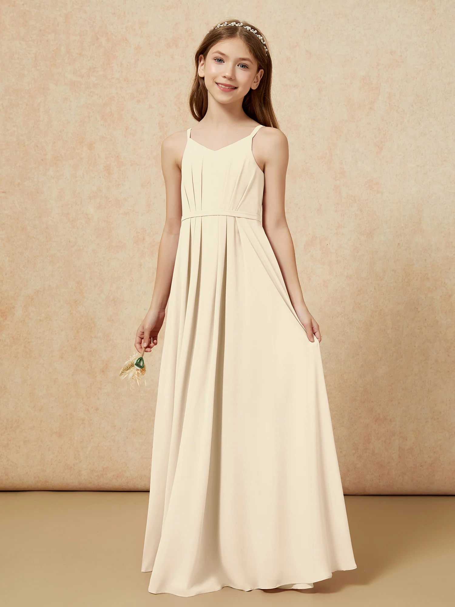 V-neck Spaghetti Straps Chiffon Junior Bridesmaid Dresses Champagne - Image 3