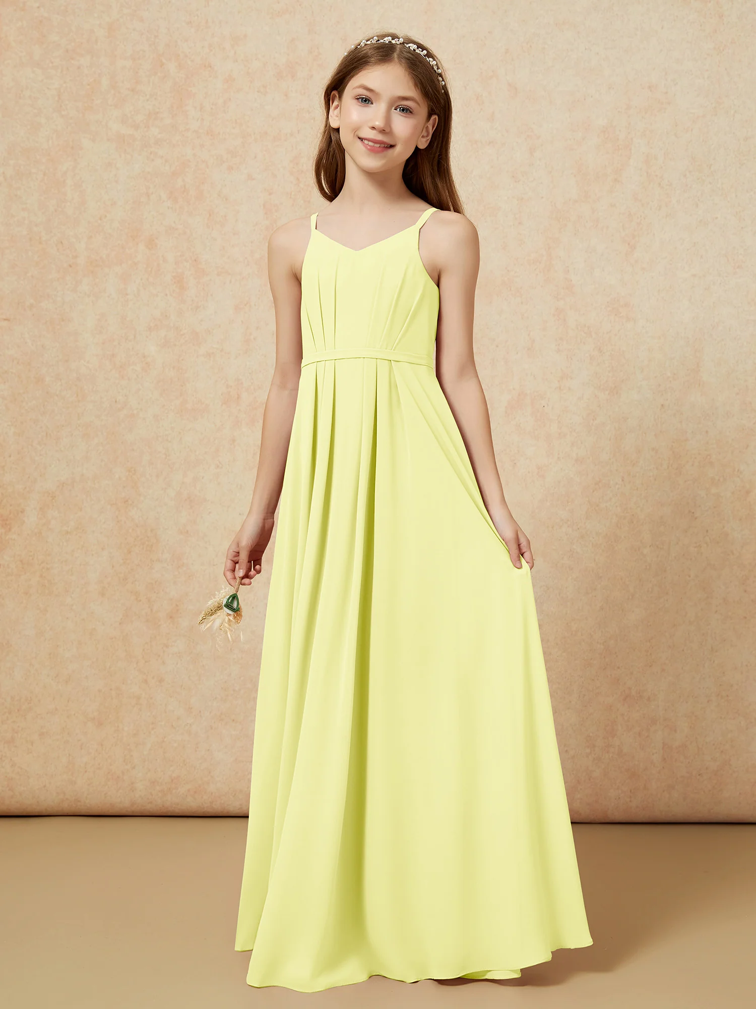 V-neck Spaghetti Straps Chiffon Junior Bridesmaid Dresses Daffodil - Image 3
