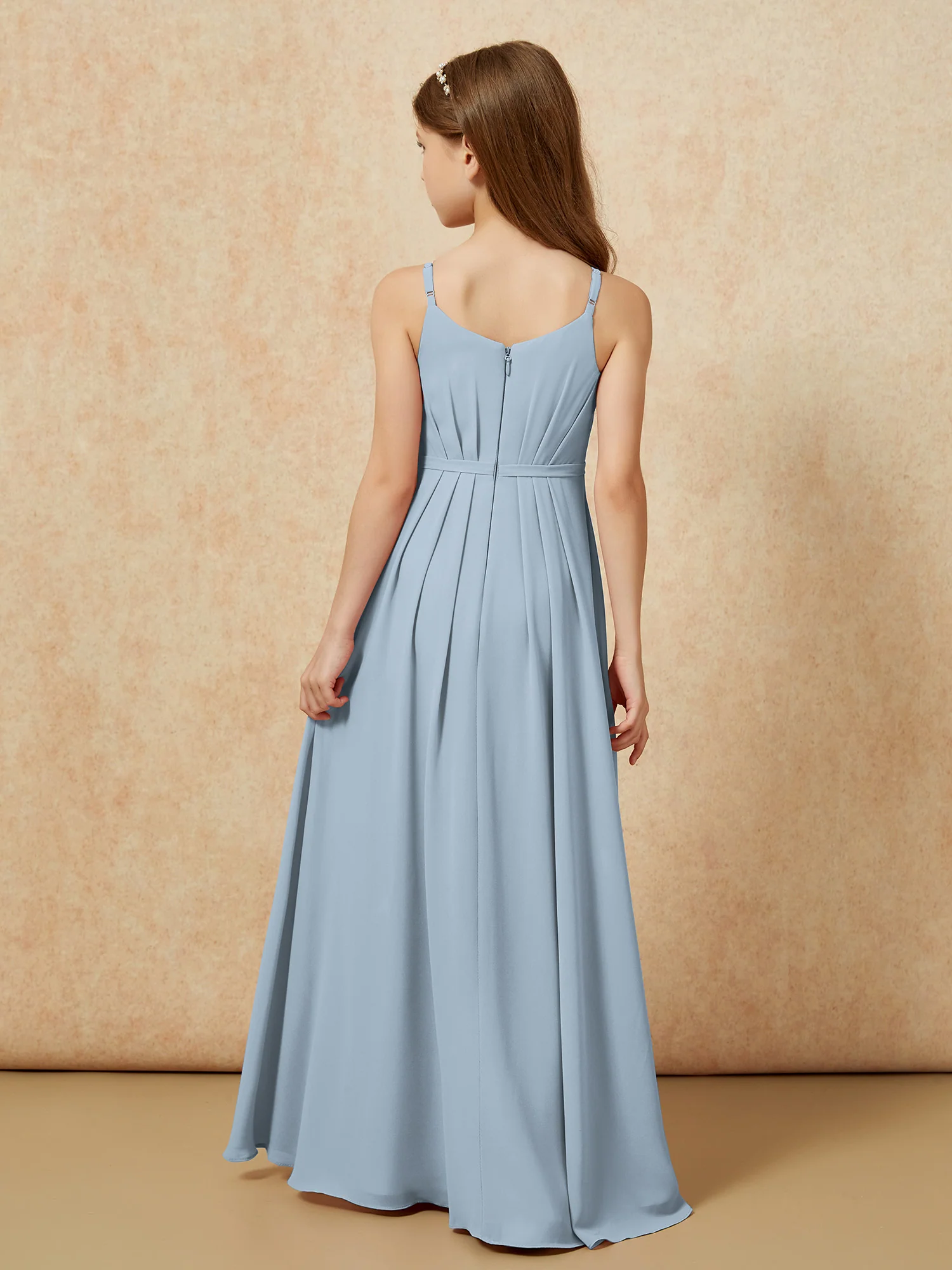 V-neck Spaghetti Straps Chiffon Junior Bridesmaid Dresses Dusty Blue - Image 2