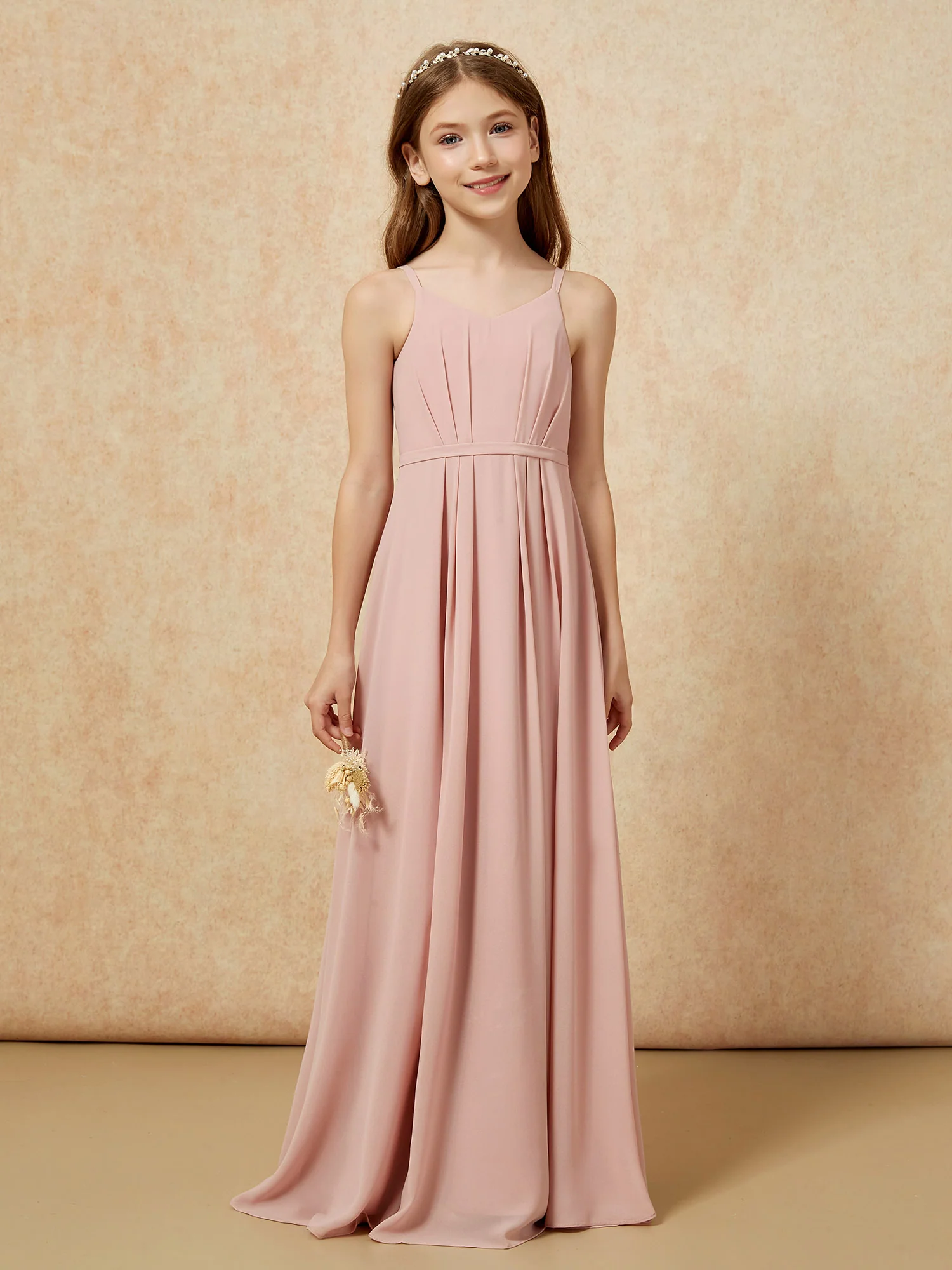 V-neck Spaghetti Straps Chiffon Junior Bridesmaid Dresses Dusty Rose - Image 4