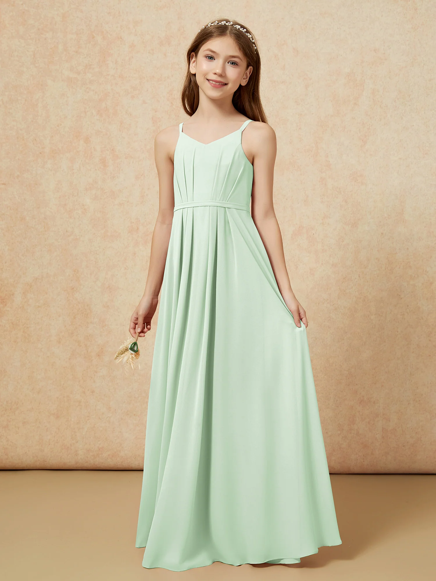 V-neck Spaghetti Straps Chiffon Junior Bridesmaid Dresses Dusty Sage - Image 3