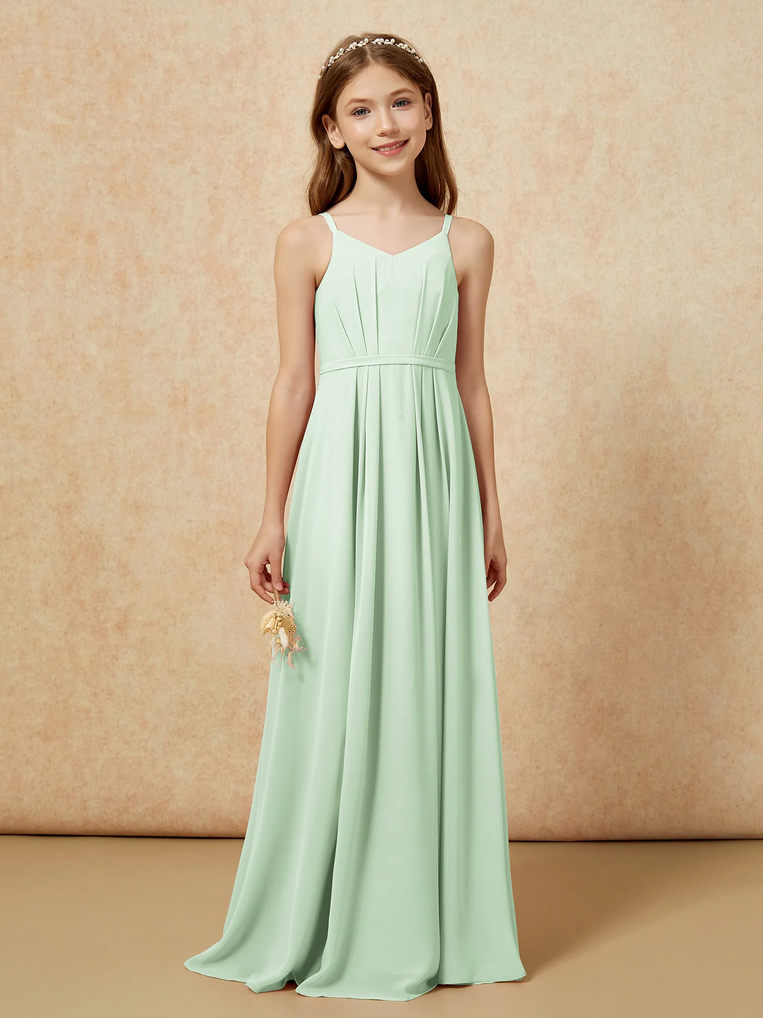 V-neck Spaghetti Straps Chiffon Junior Bridesmaid Dresses Dusty Sage - Image 4