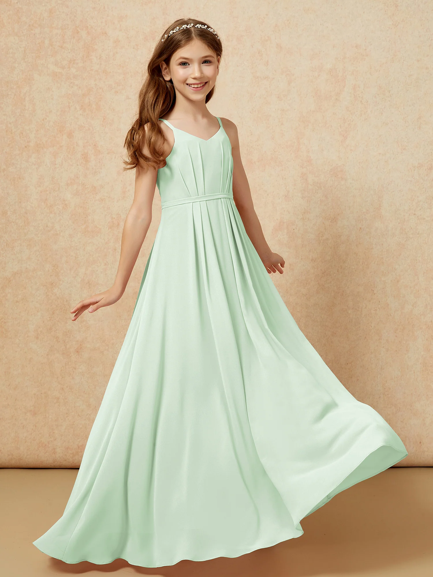 V-neck Spaghetti Straps Chiffon Junior Bridesmaid Dresses Dusty Sage - Image 6