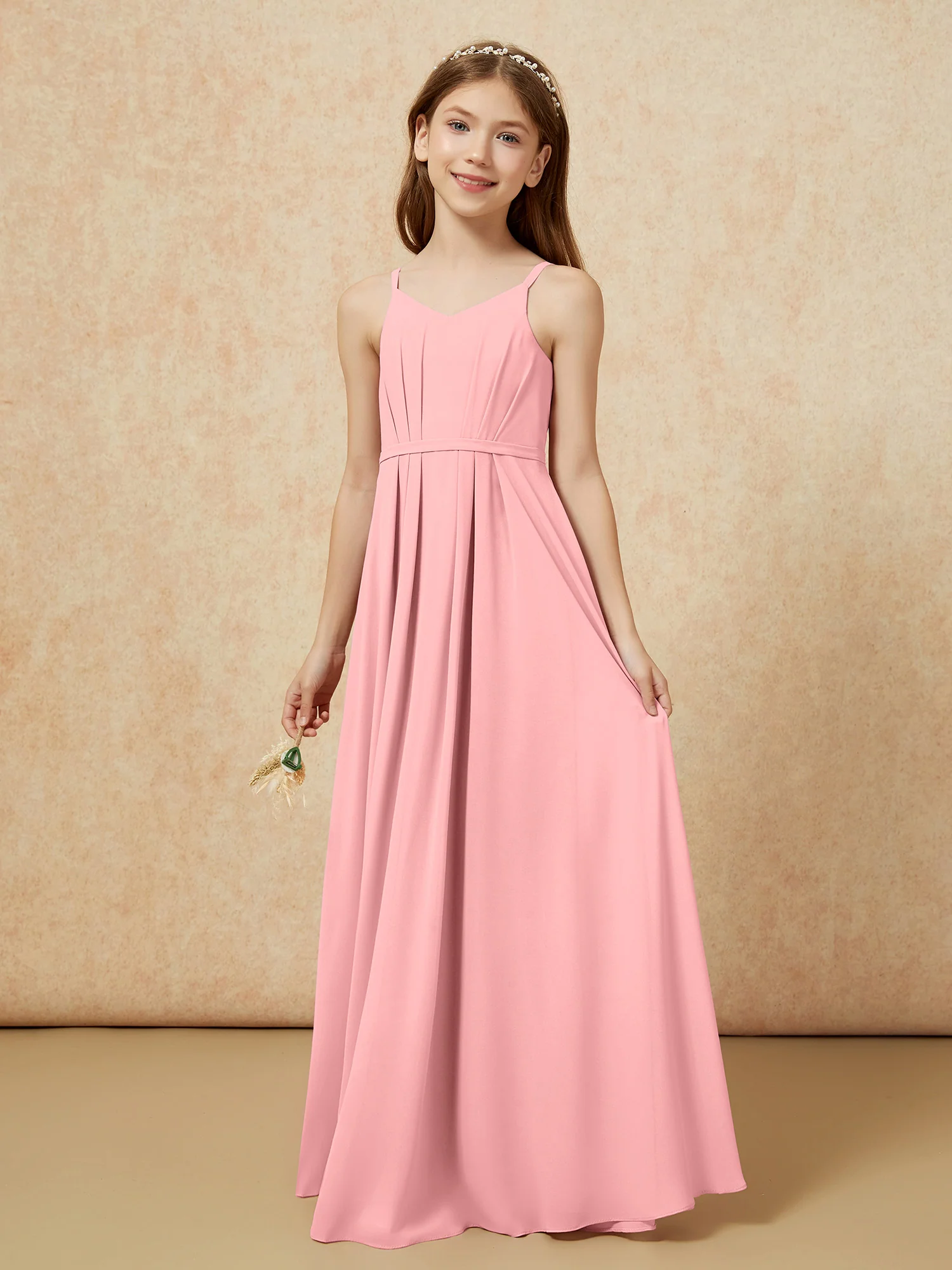 V-neck Spaghetti Straps Chiffon Junior Bridesmaid Dresses Flamingo - Image 3