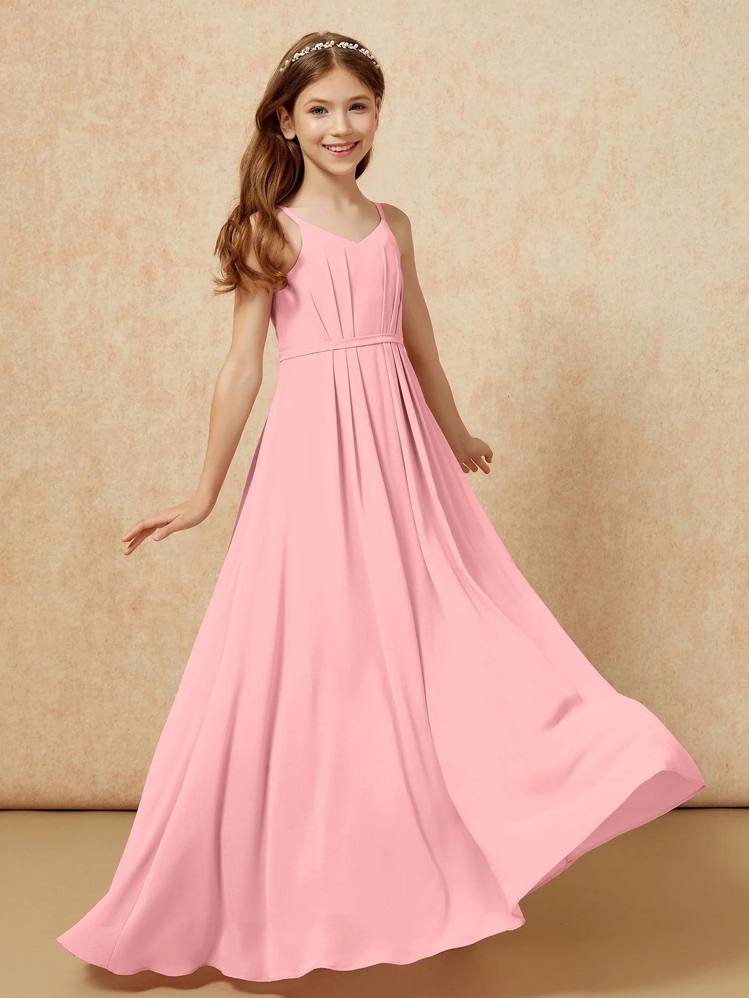 V-neck Spaghetti Straps Chiffon Junior Bridesmaid Dresses Flamingo - Image 6