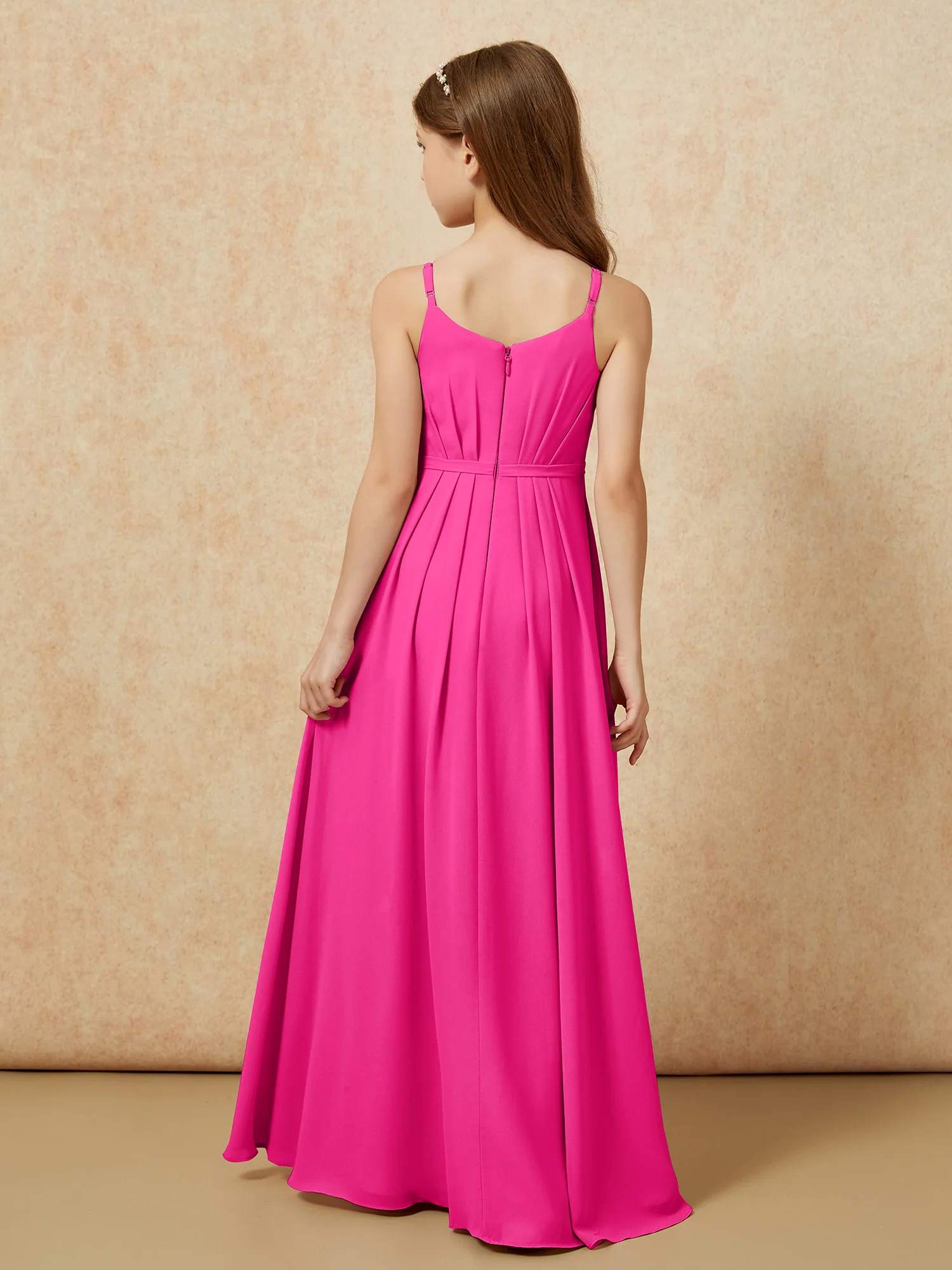 V-neck Spaghetti Straps Chiffon Junior Bridesmaid Dresses Fuchsia - Image 2