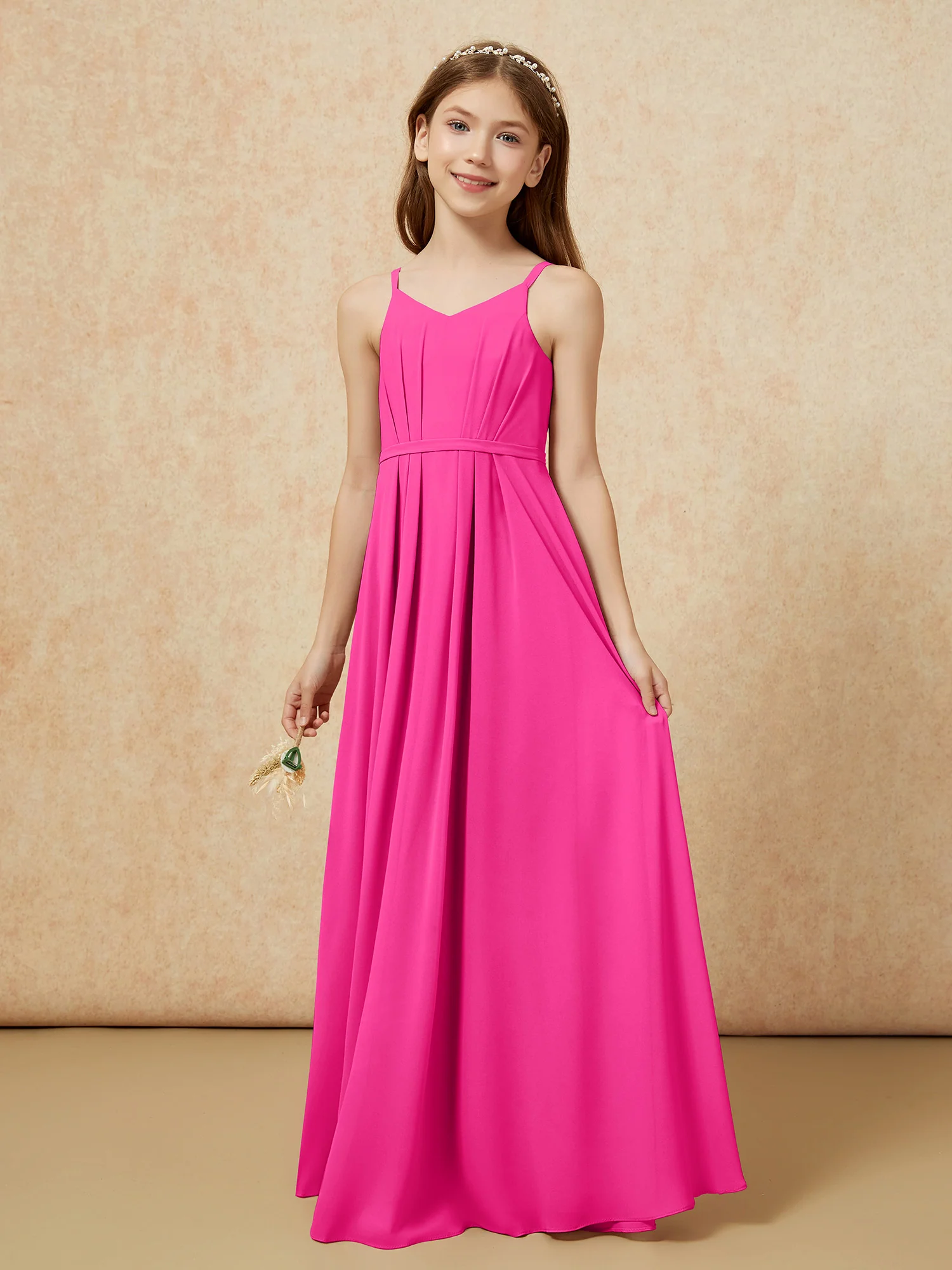 V-neck Spaghetti Straps Chiffon Junior Bridesmaid Dresses Fuchsia - Image 3