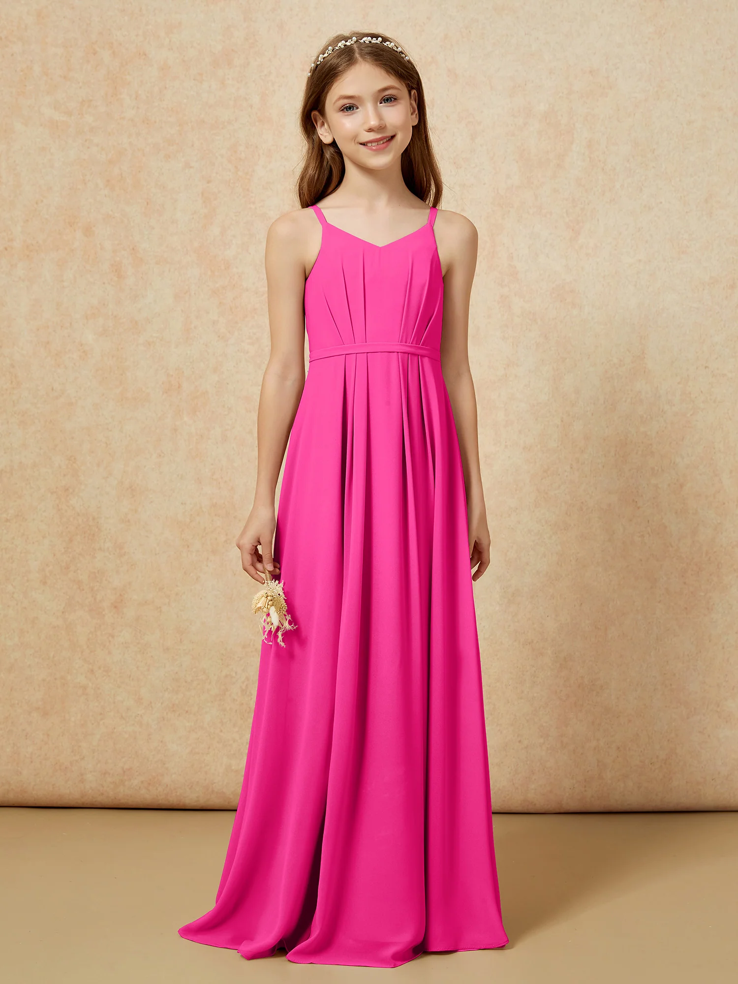 V-neck Spaghetti Straps Chiffon Junior Bridesmaid Dresses Fuchsia - Image 4