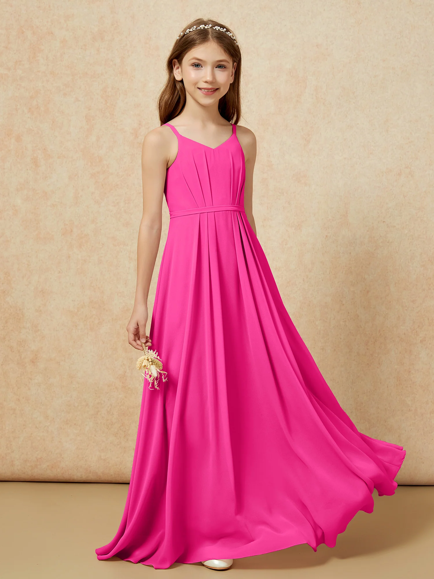 V-neck Spaghetti Straps Chiffon Junior Bridesmaid Dresses Fuchsia - Image 5