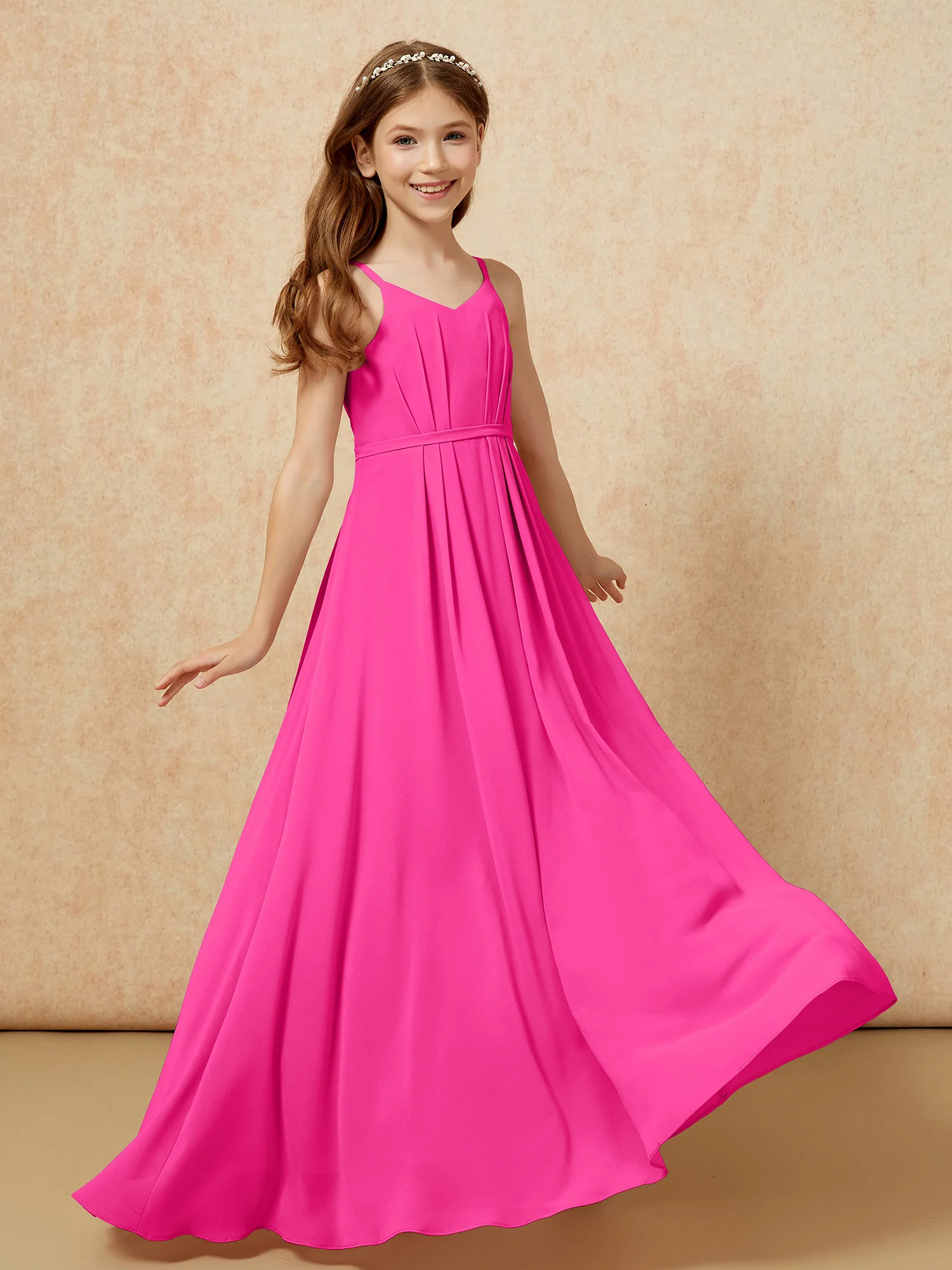 V-neck Spaghetti Straps Chiffon Junior Bridesmaid Dresses Fuchsia - Image 6