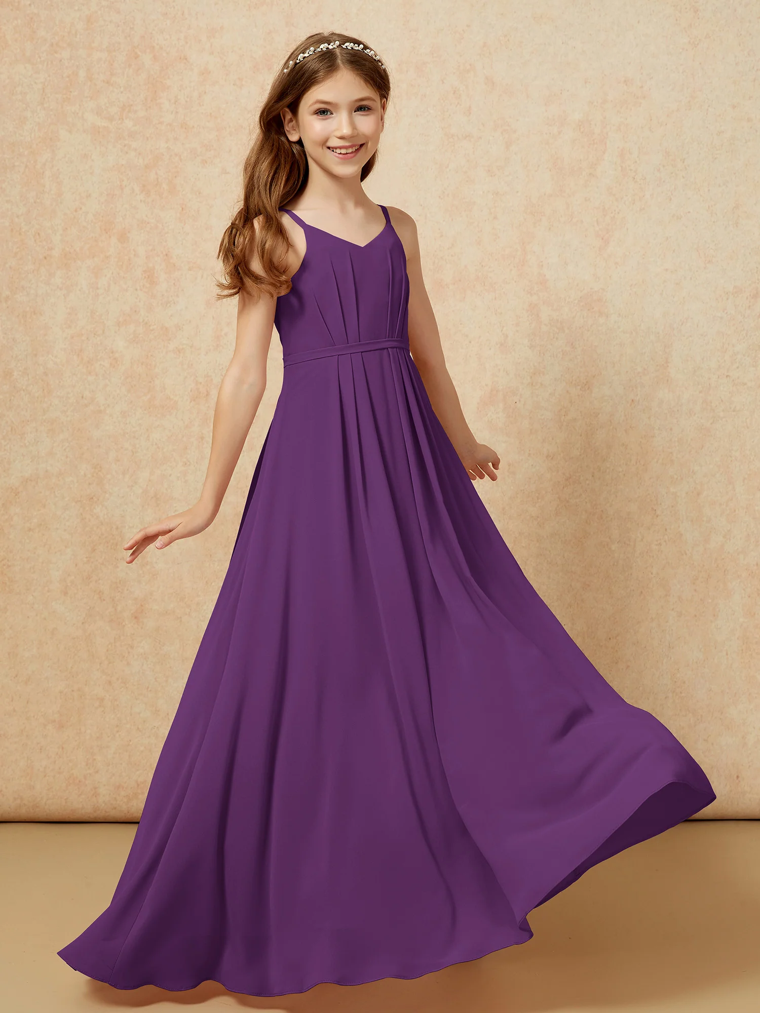 V-neck Spaghetti Straps Chiffon Junior Bridesmaid Dresses Grape - Image 6