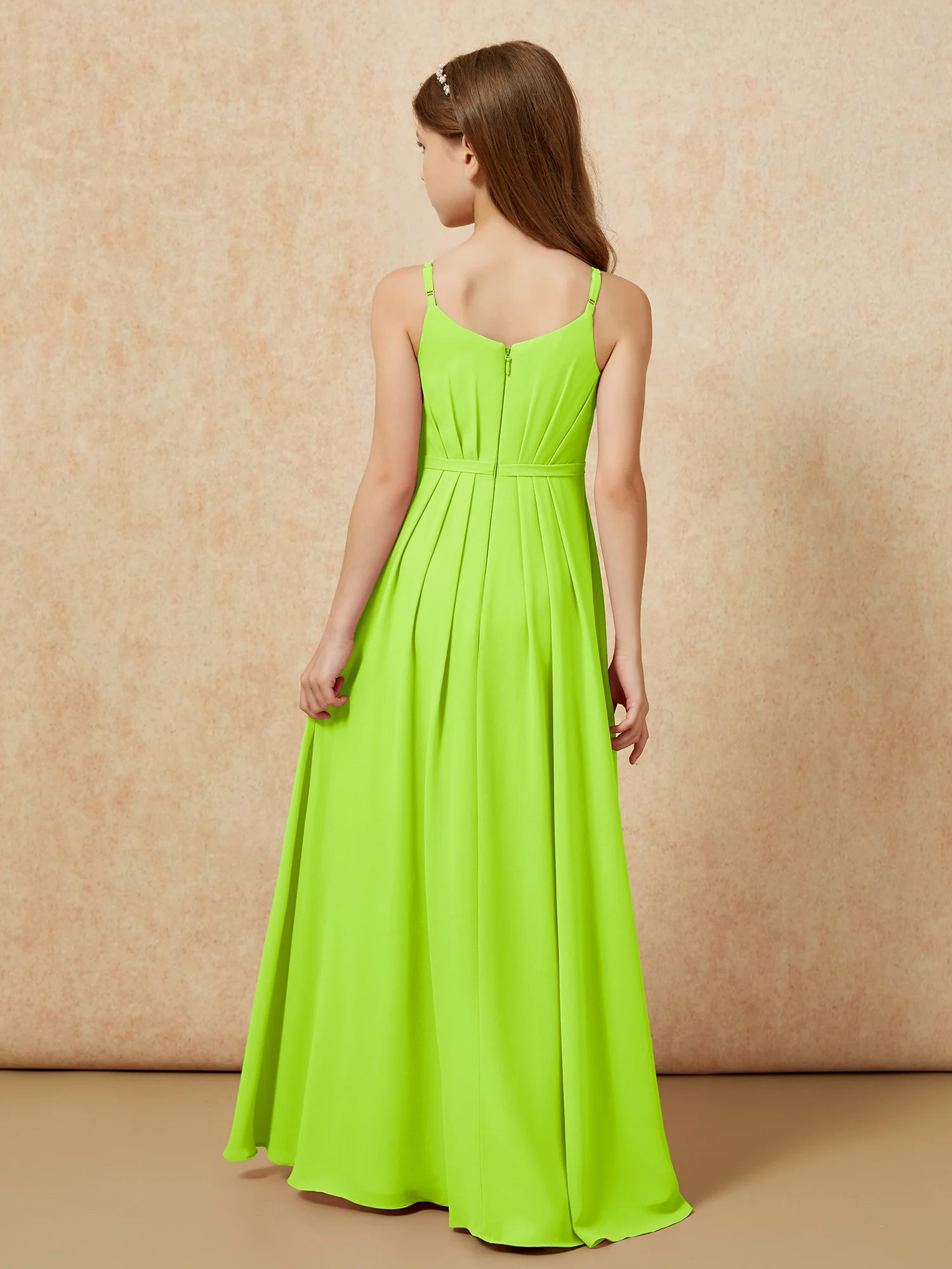 V-neck Spaghetti Straps Chiffon Junior Bridesmaid Dresses Lime Green - Image 2