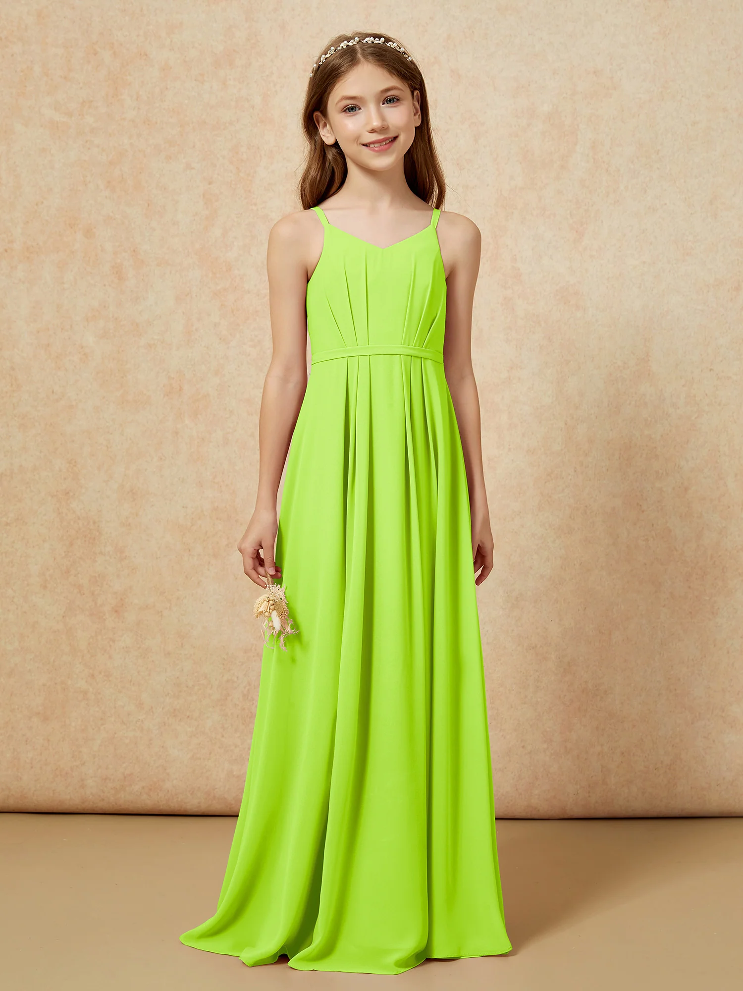 V-neck Spaghetti Straps Chiffon Junior Bridesmaid Dresses Lime Green - Image 4