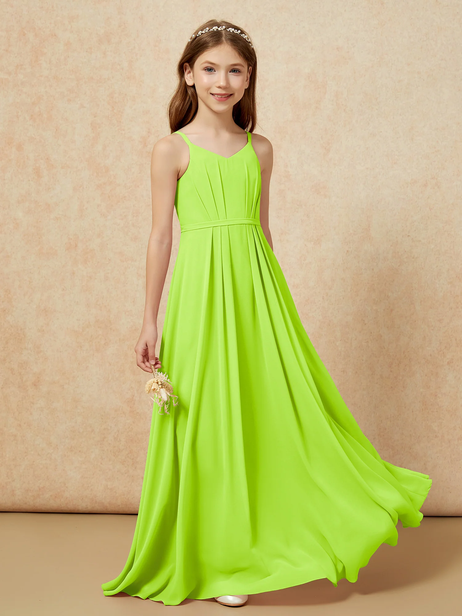 V-neck Spaghetti Straps Chiffon Junior Bridesmaid Dresses Lime Green - Image 5
