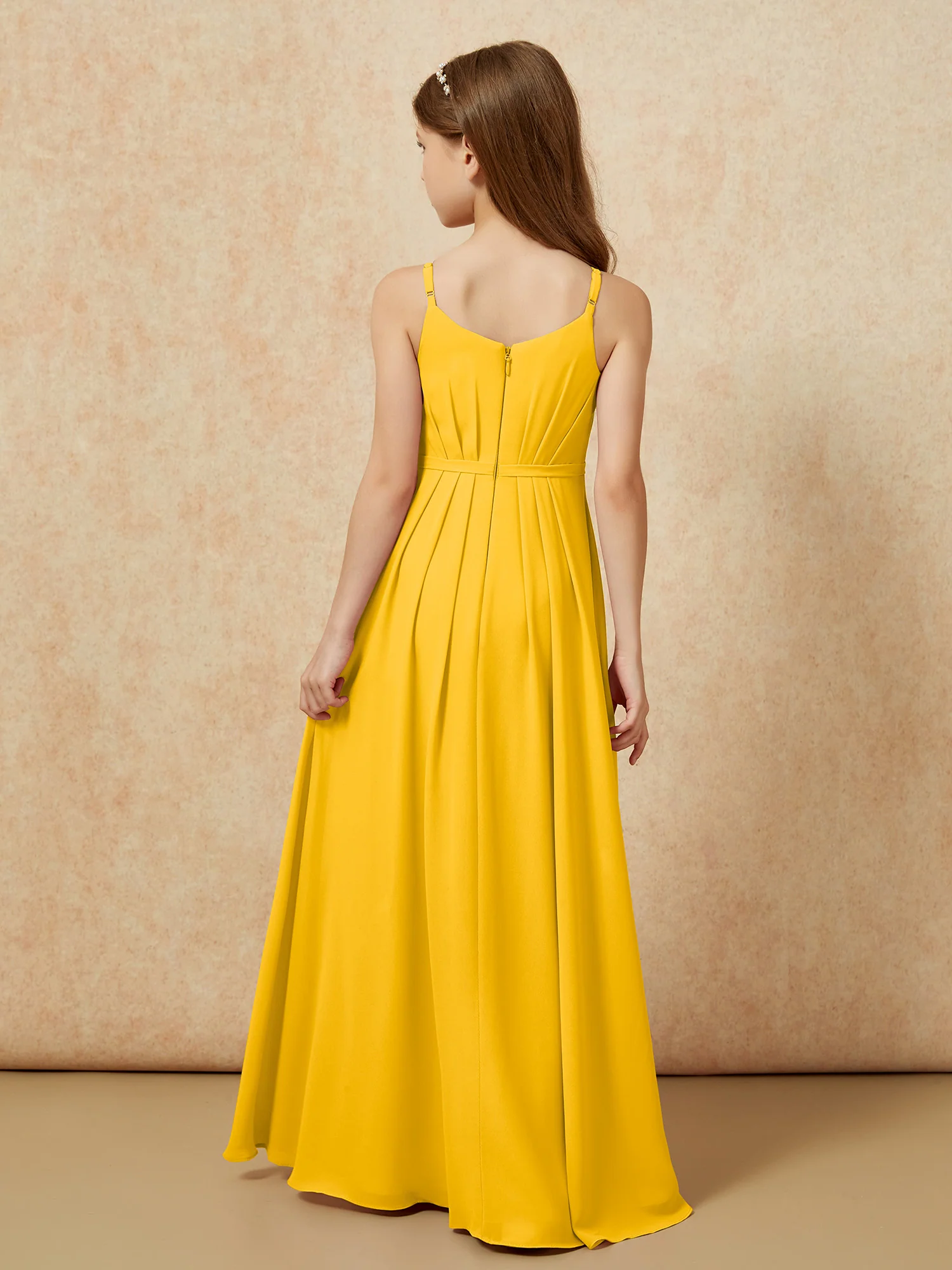 V-neck Spaghetti Straps Chiffon Junior Bridesmaid Dresses Marigold - Image 2