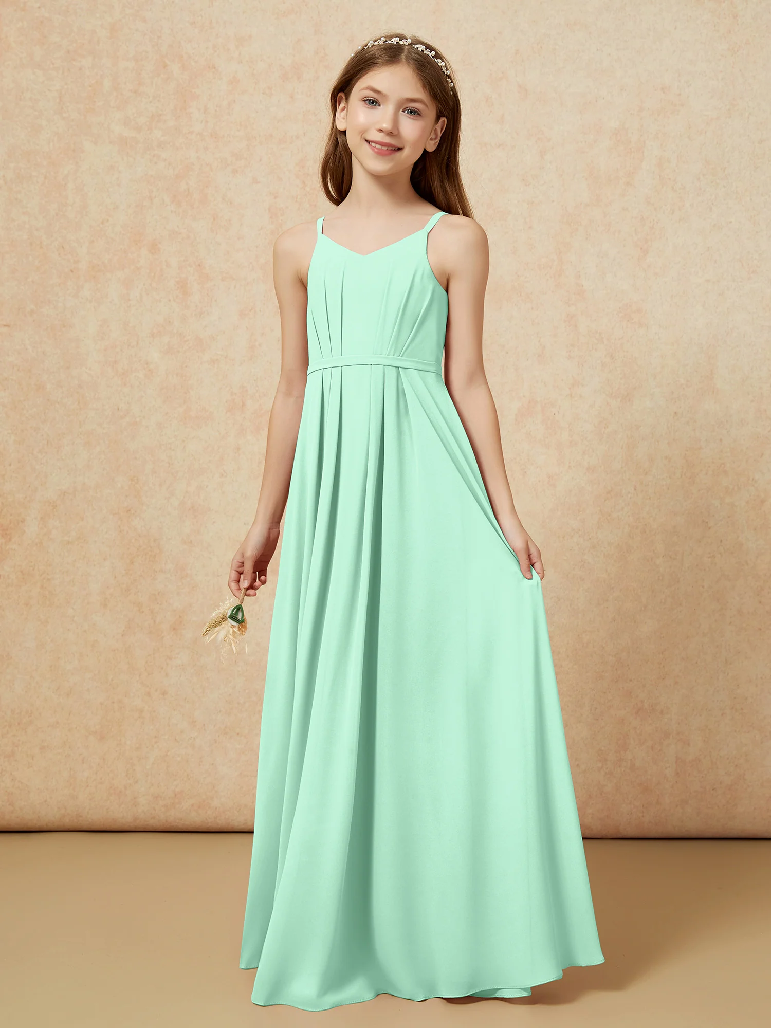 V-neck Spaghetti Straps Chiffon Junior Bridesmaid Dresses Mint Green - Image 3
