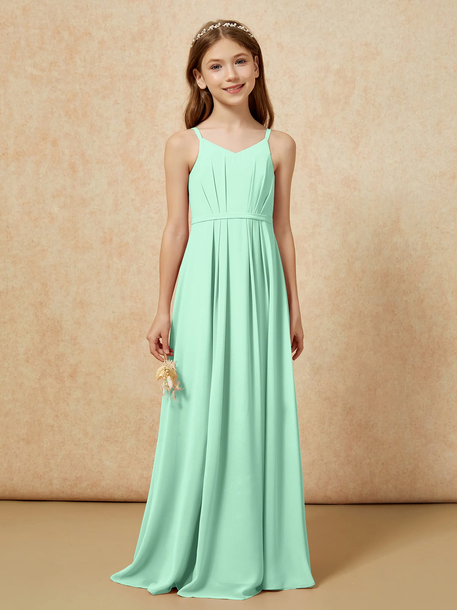 V-neck Spaghetti Straps Chiffon Junior Bridesmaid Dresses Mint Green - Image 4