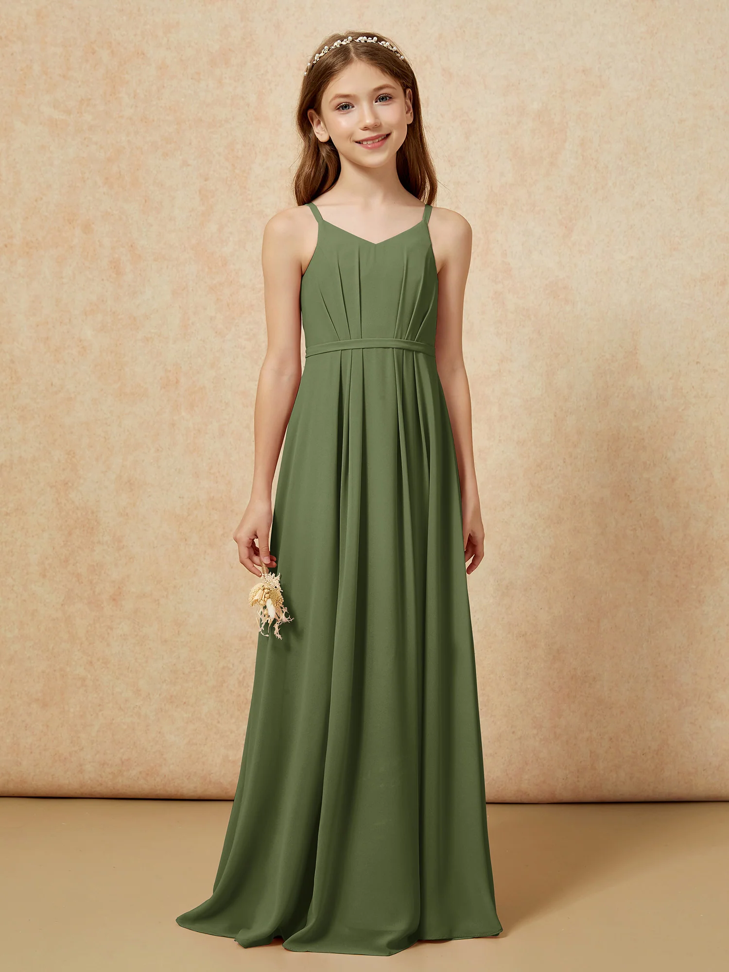 V-neck Spaghetti Straps Chiffon Junior Bridesmaid Dresses Olive Green - Image 4