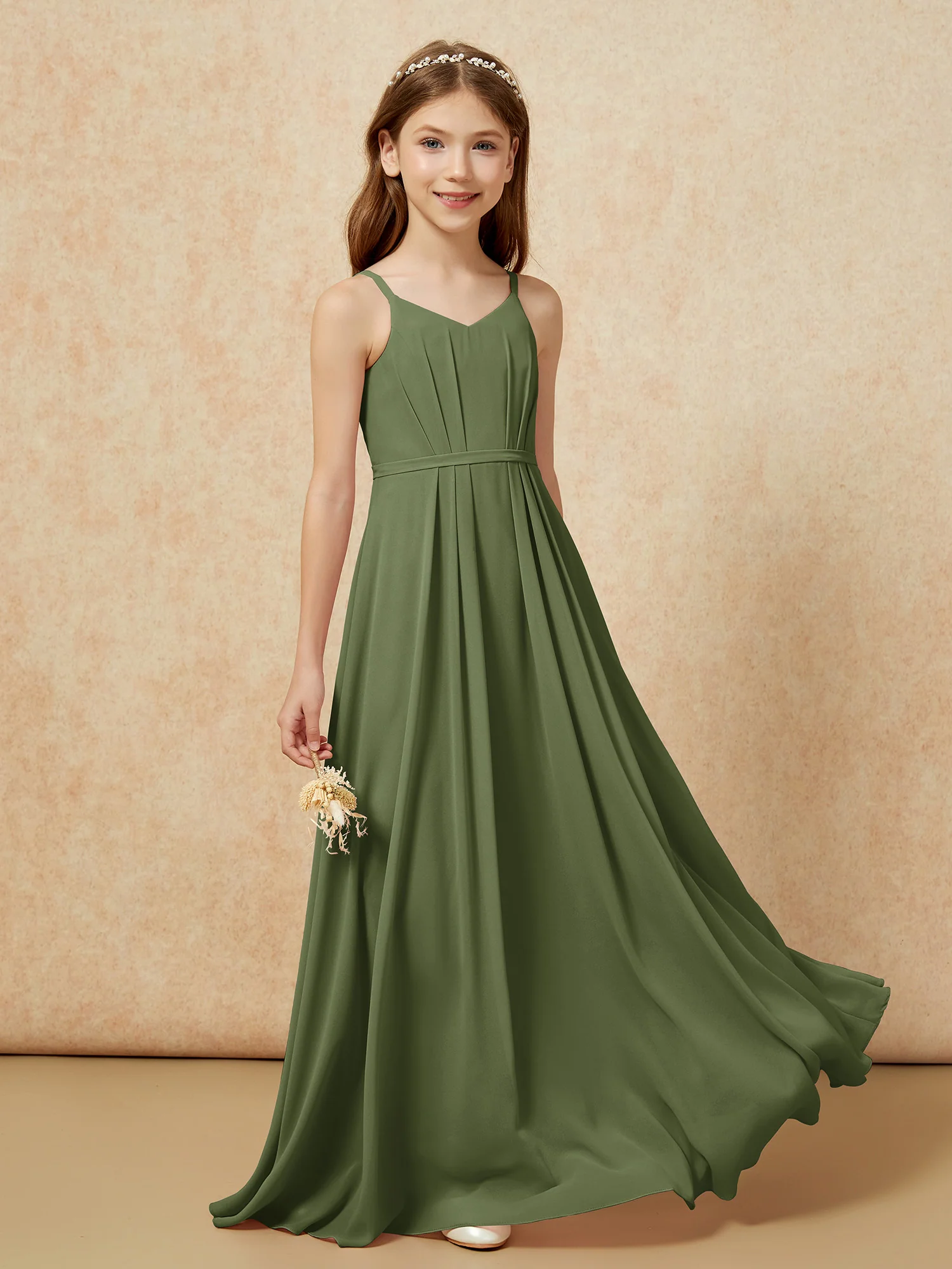 V-neck Spaghetti Straps Chiffon Junior Bridesmaid Dresses Olive Green - Image 5