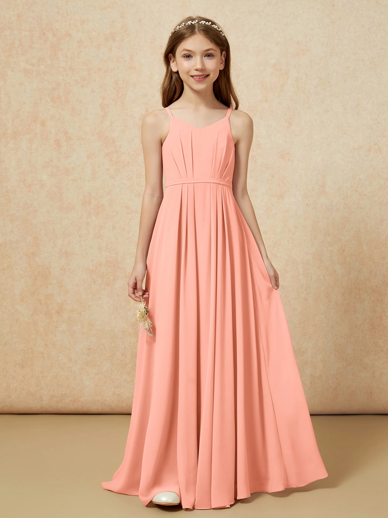 V-neck Spaghetti Straps Chiffon Junior Bridesmaid Dresses Papaya