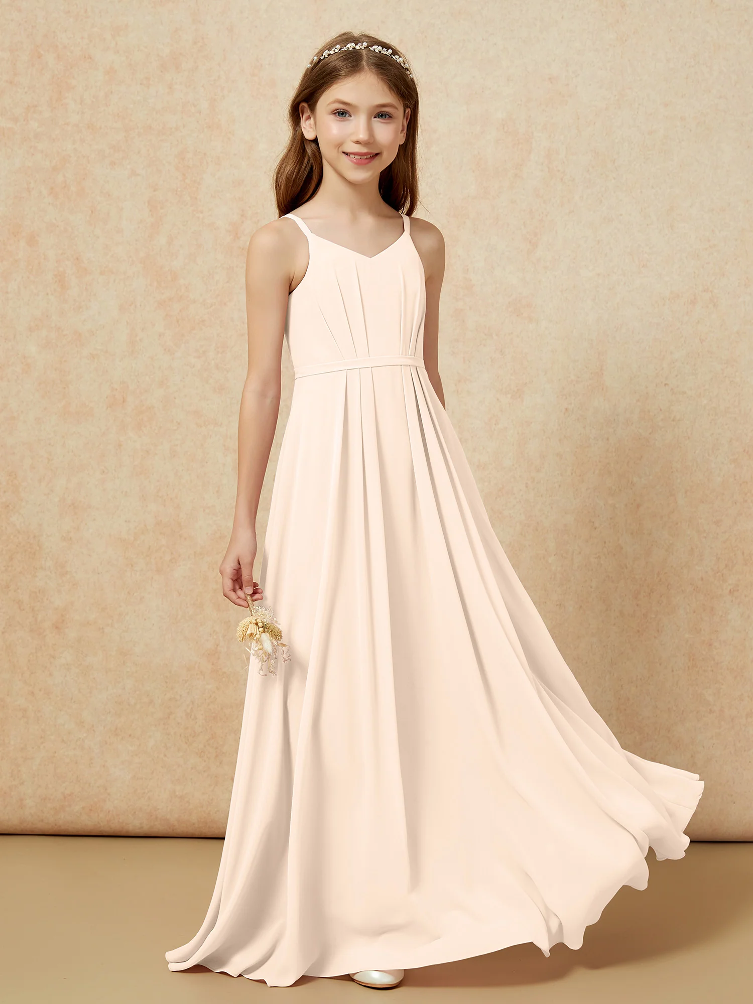 V-neck Spaghetti Straps Chiffon Junior Bridesmaid Dresses Peach - Image 5