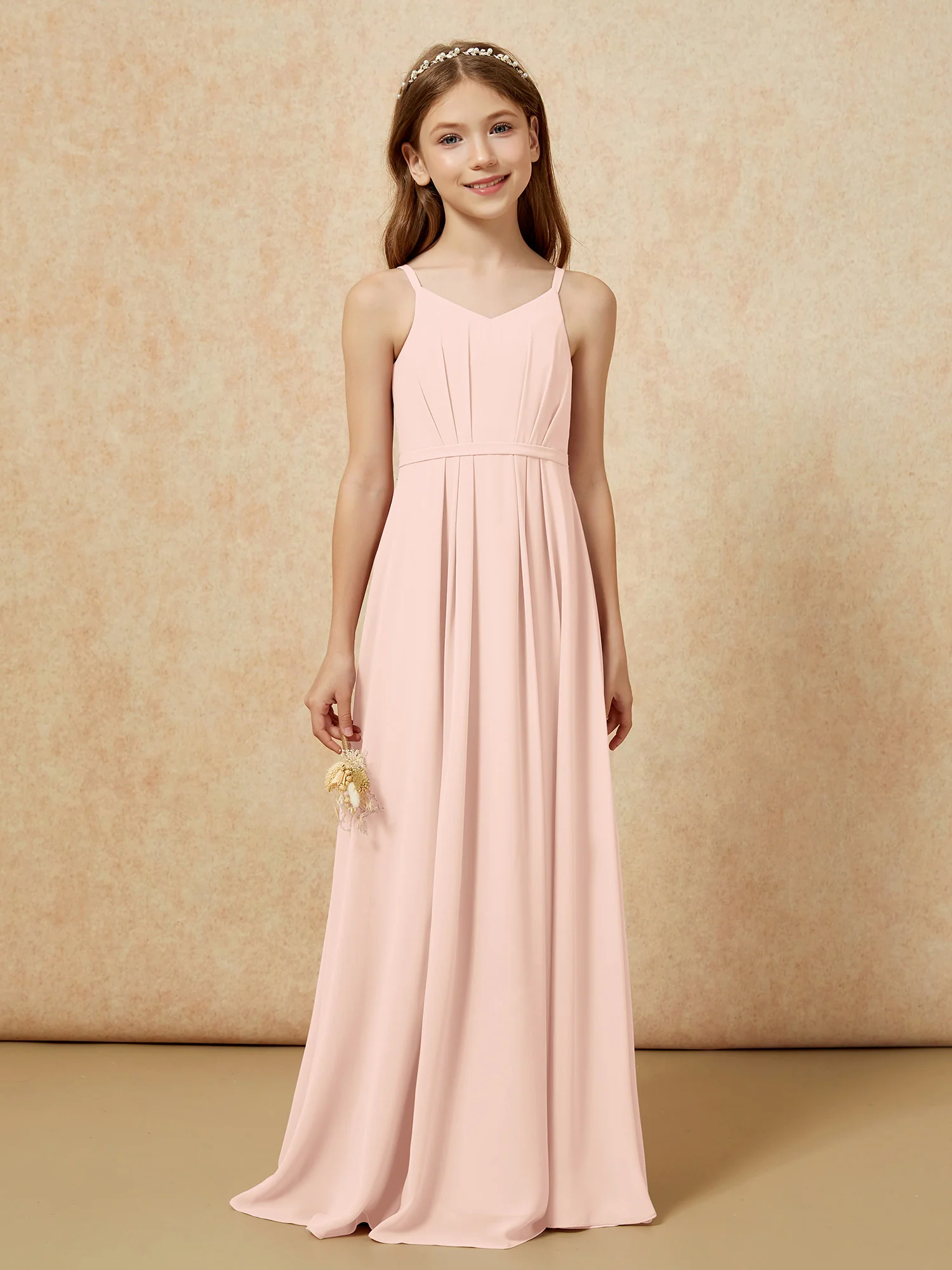 V-neck Spaghetti Straps Chiffon Junior Bridesmaid Dresses Pearl Pink - Image 4