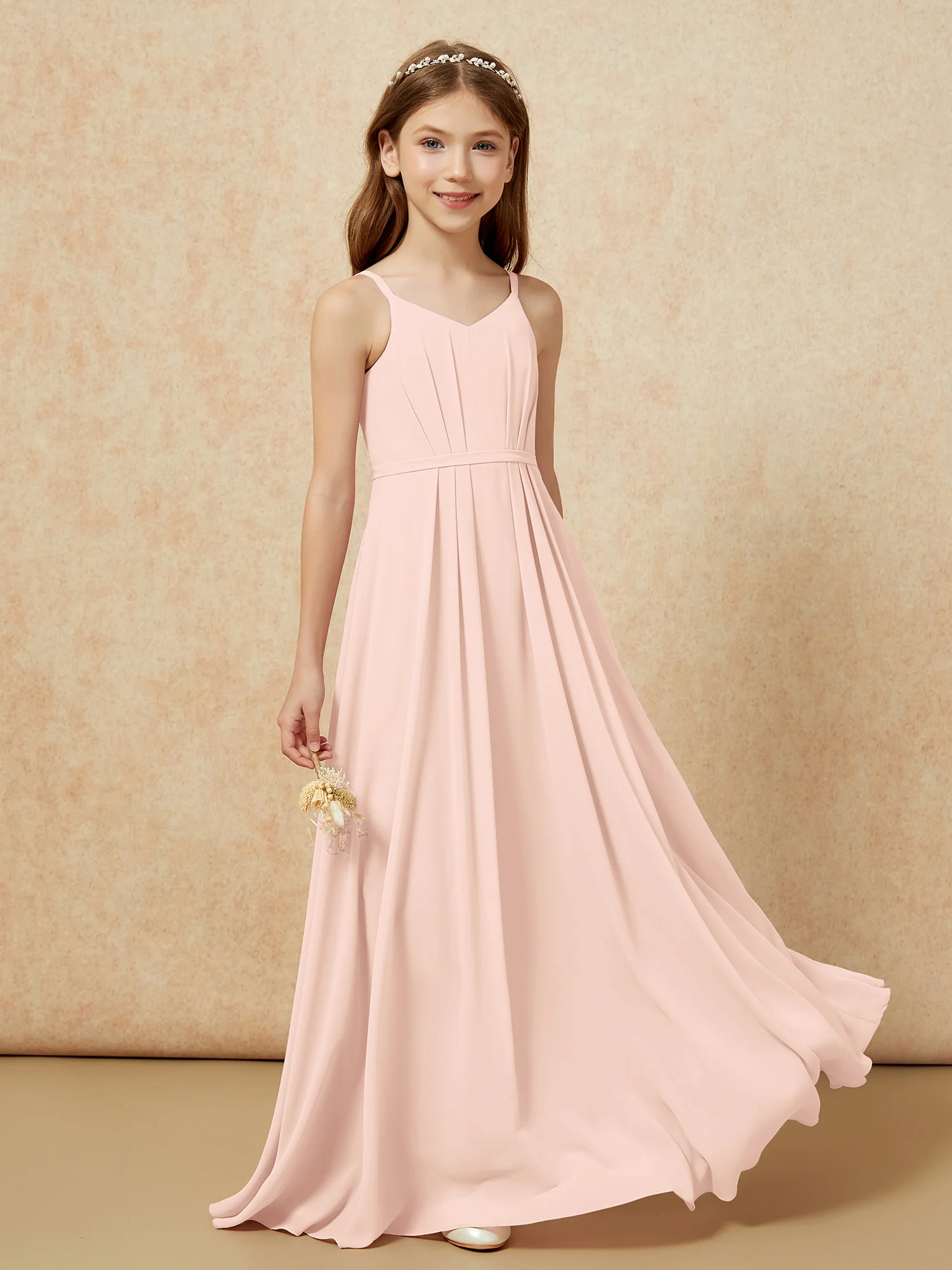 V-neck Spaghetti Straps Chiffon Junior Bridesmaid Dresses Pearl Pink - Image 5