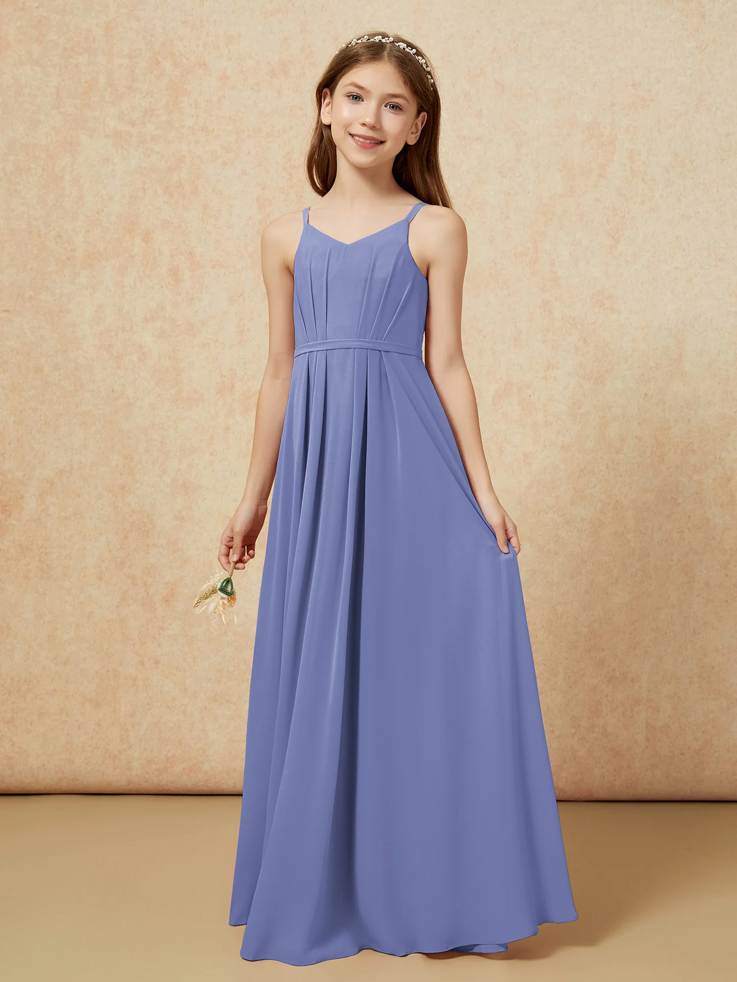 V-neck Spaghetti Straps Chiffon Junior Bridesmaid Dresses Periwinkle - Image 3