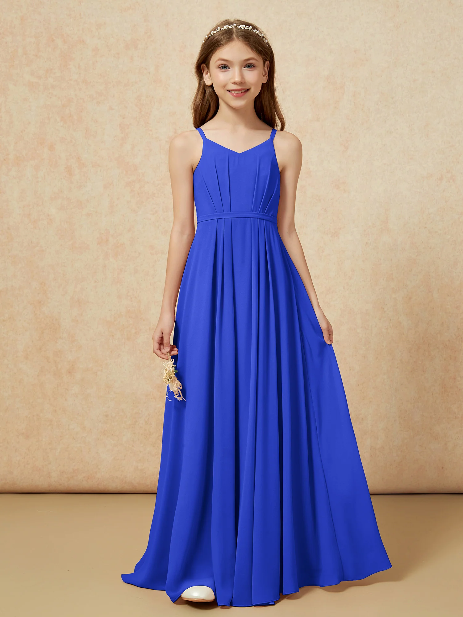 V-neck Spaghetti Straps Chiffon Junior Bridesmaid Dresses Royal Blue