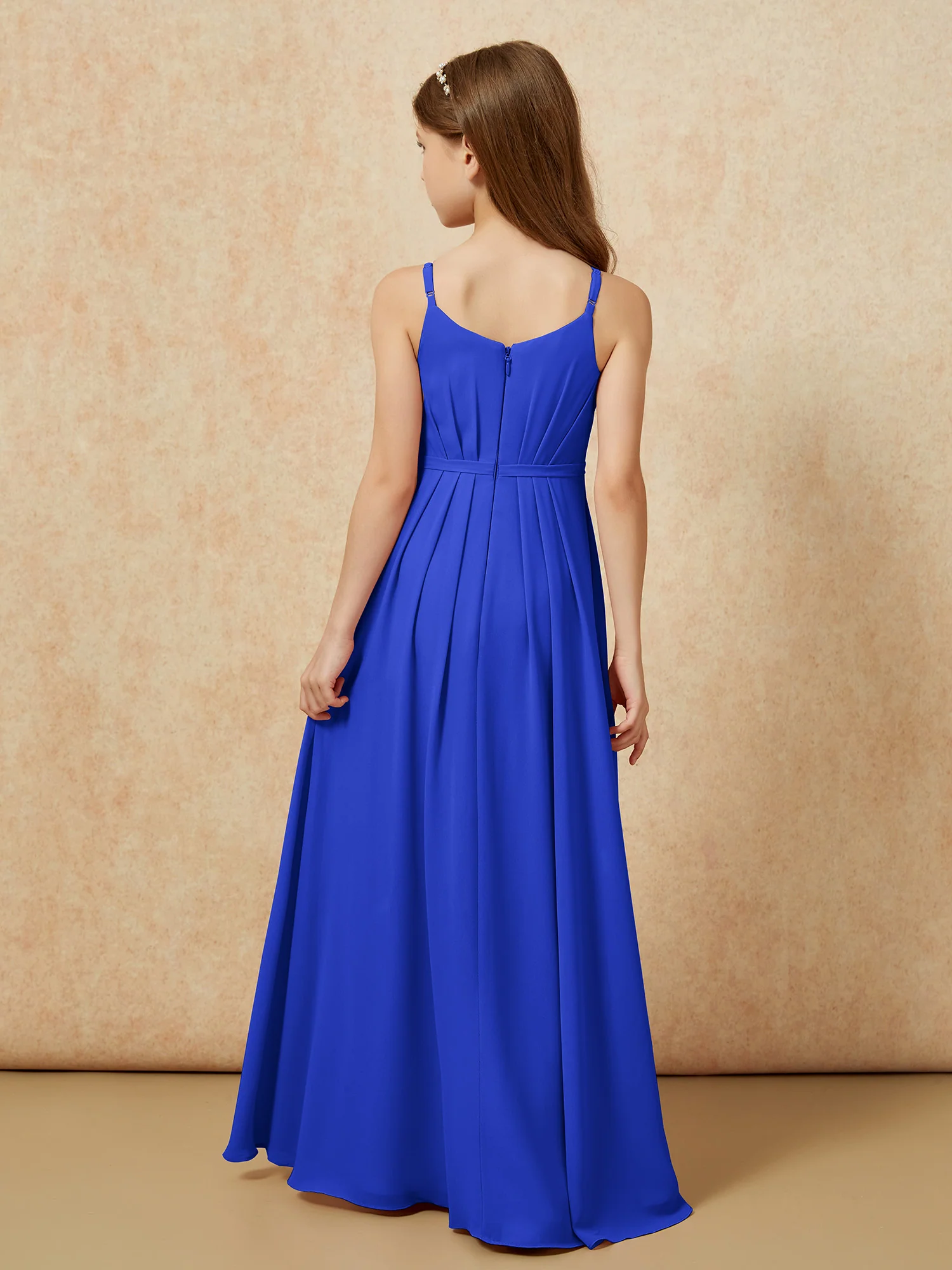 V-neck Spaghetti Straps Chiffon Junior Bridesmaid Dresses Royal Blue - Image 2