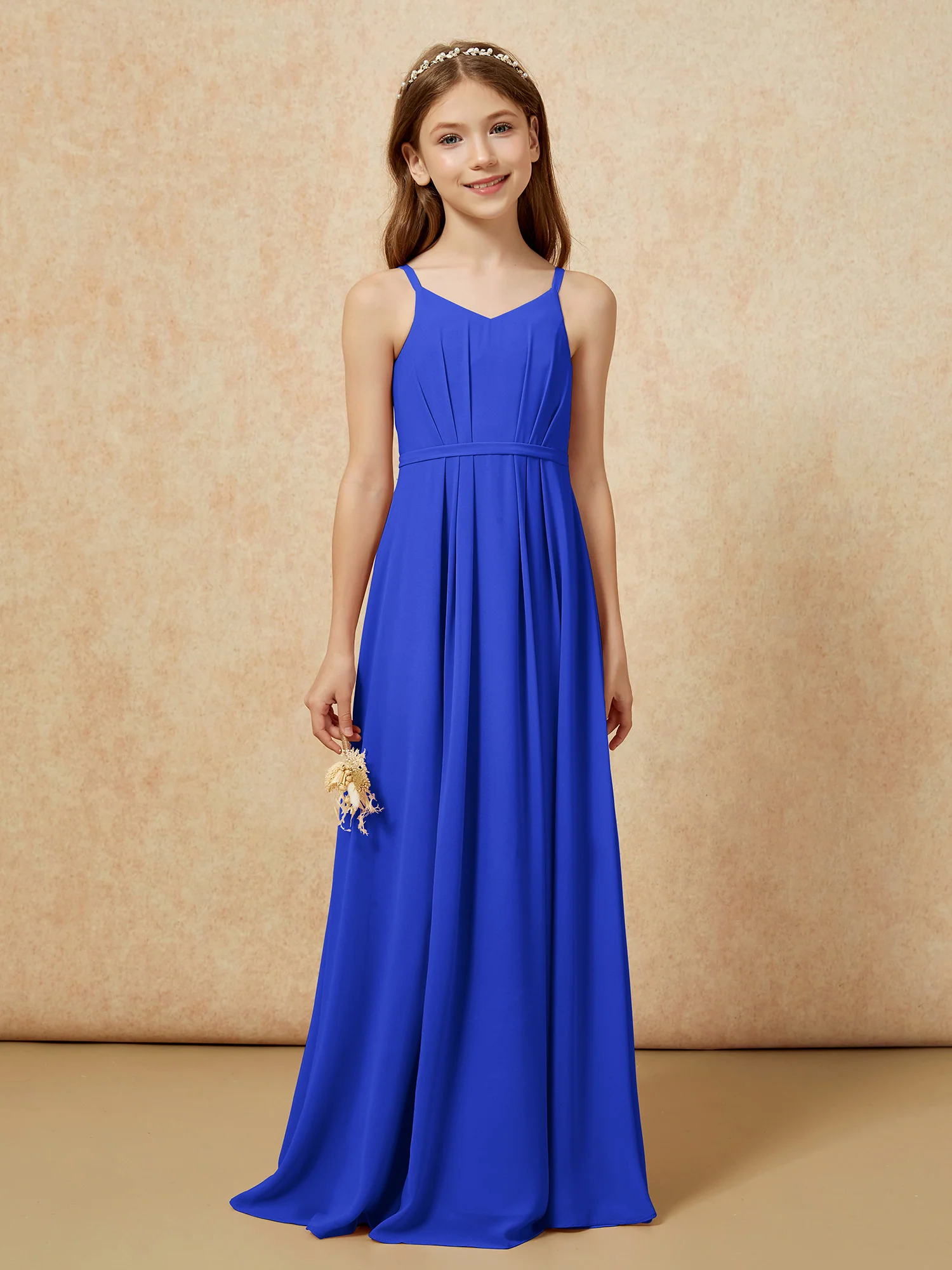 V-neck Spaghetti Straps Chiffon Junior Bridesmaid Dresses Royal Blue - Image 4