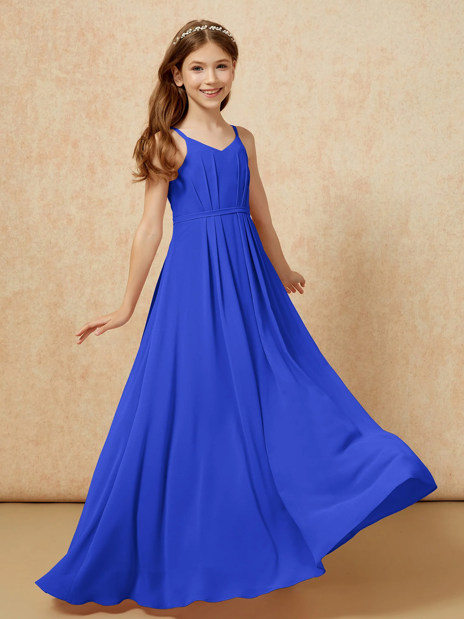 V-neck Spaghetti Straps Chiffon Junior Bridesmaid Dresses Royal Blue - Image 6