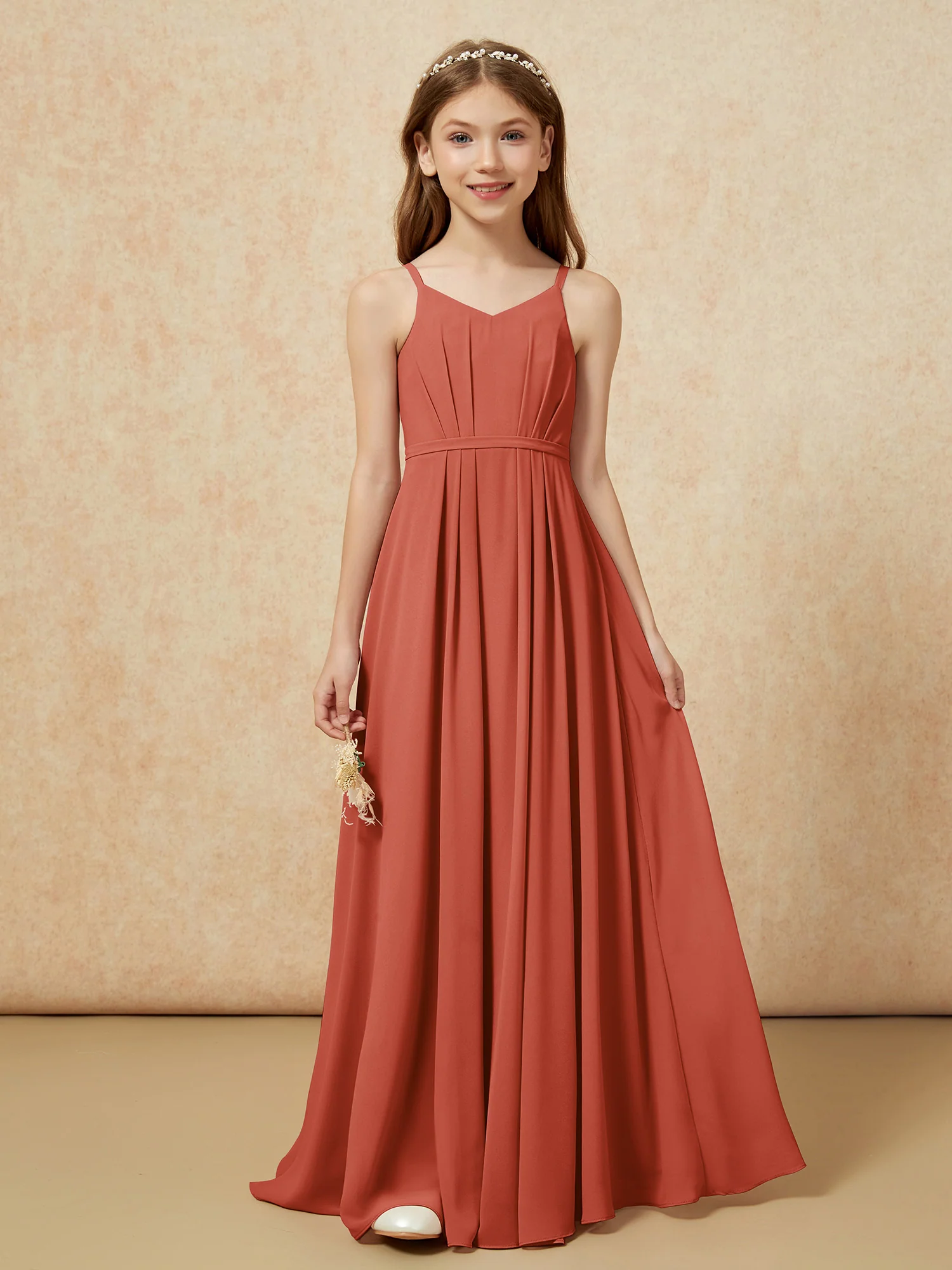V-neck Spaghetti Straps Chiffon Junior Bridesmaid Dresses Rust
