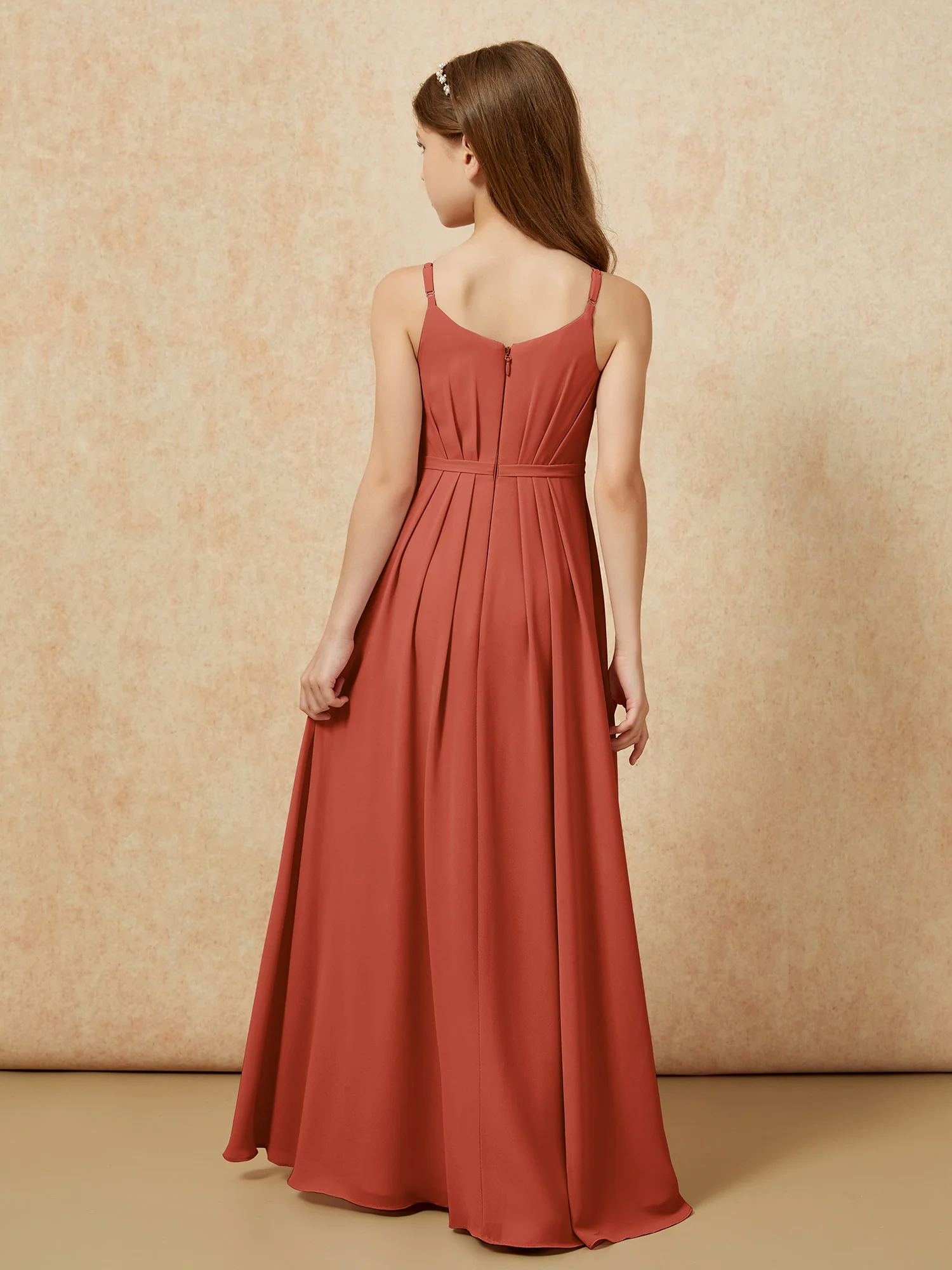 V-neck Spaghetti Straps Chiffon Junior Bridesmaid Dresses Rust - Image 2