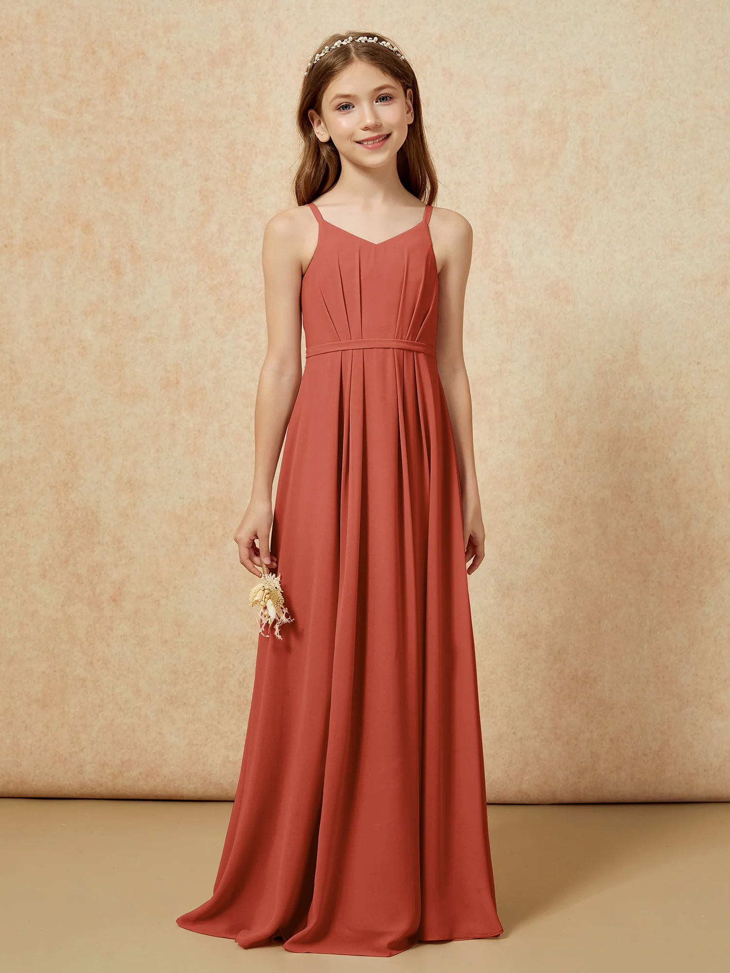 V-neck Spaghetti Straps Chiffon Junior Bridesmaid Dresses Rust - Image 4