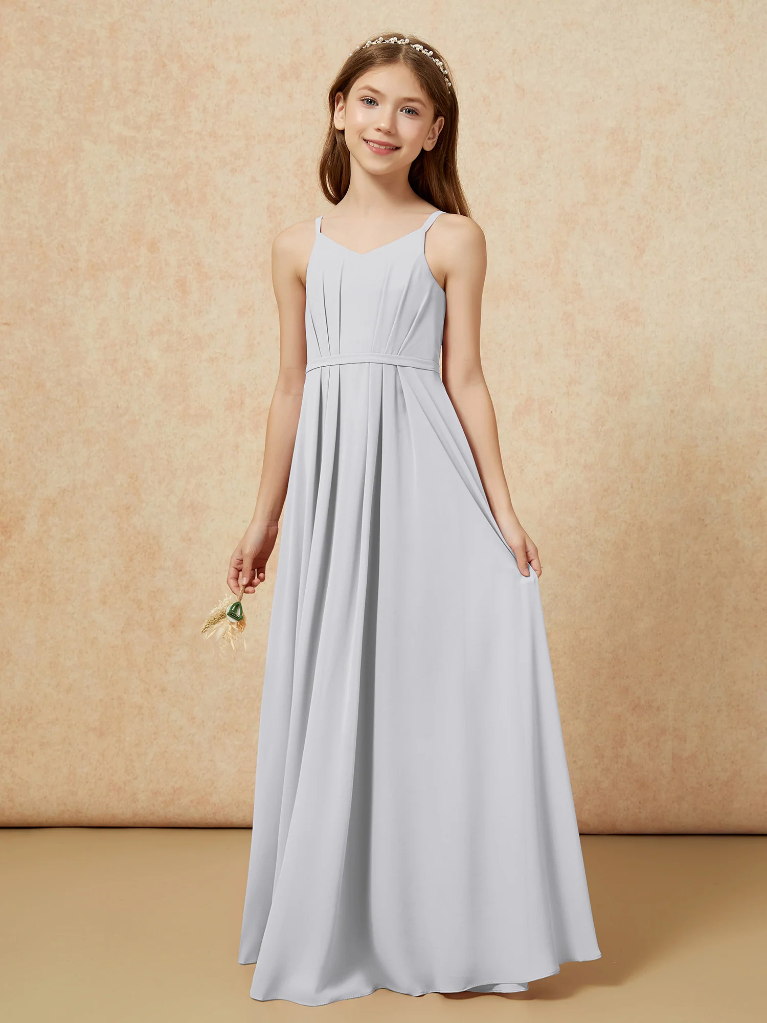 V-neck Spaghetti Straps Chiffon Junior Bridesmaid Dresses Silver - Image 3